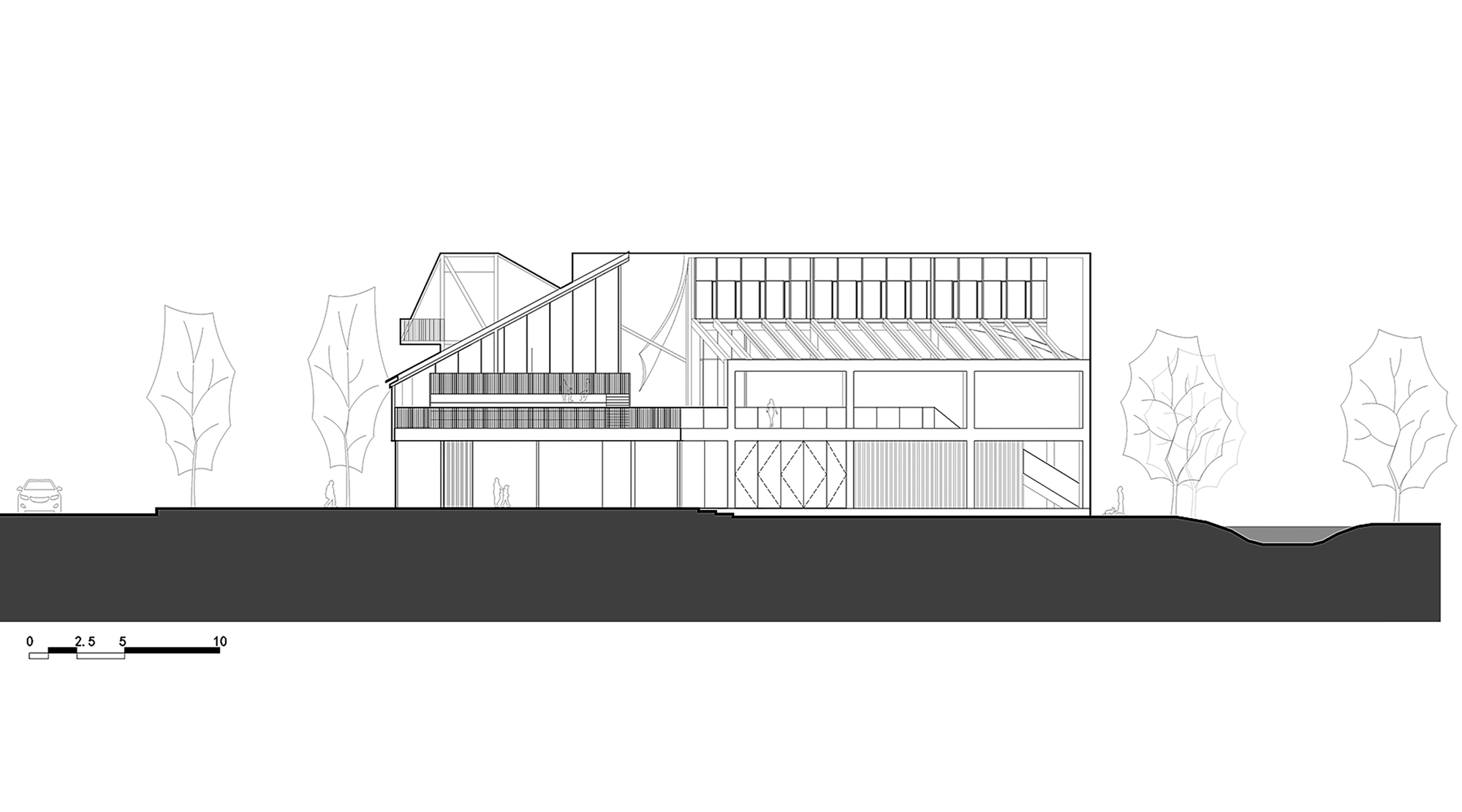 Section drawing showing the angular roof planes over slatted enclosures framed by schematic trees on grade