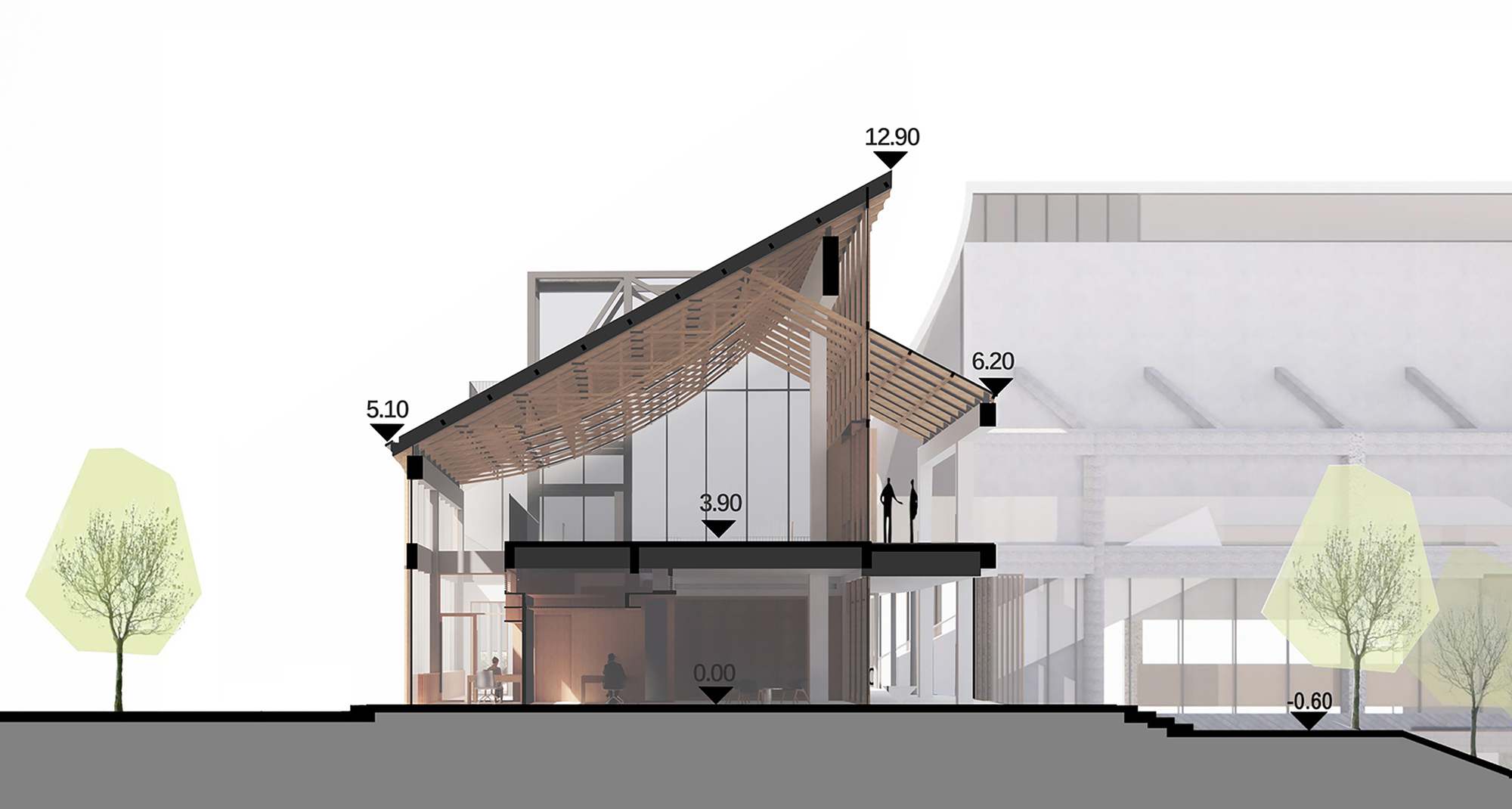 Section drawing showing timber-clad volumes with pitched roofs and interior spaces with dimensioned heights