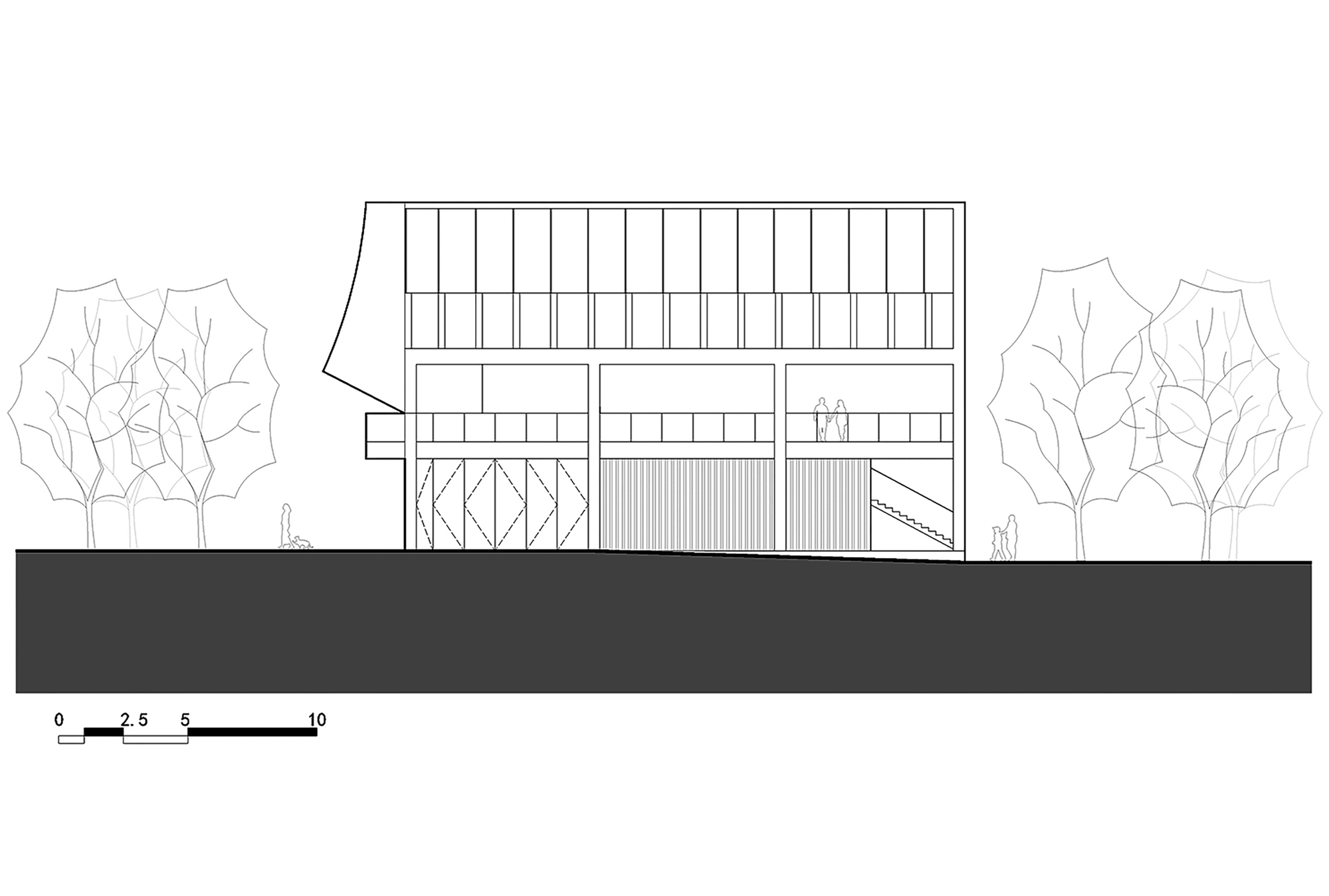 Elevation drawing of facade with vertical slat screen and flanking trees with human figures for scale