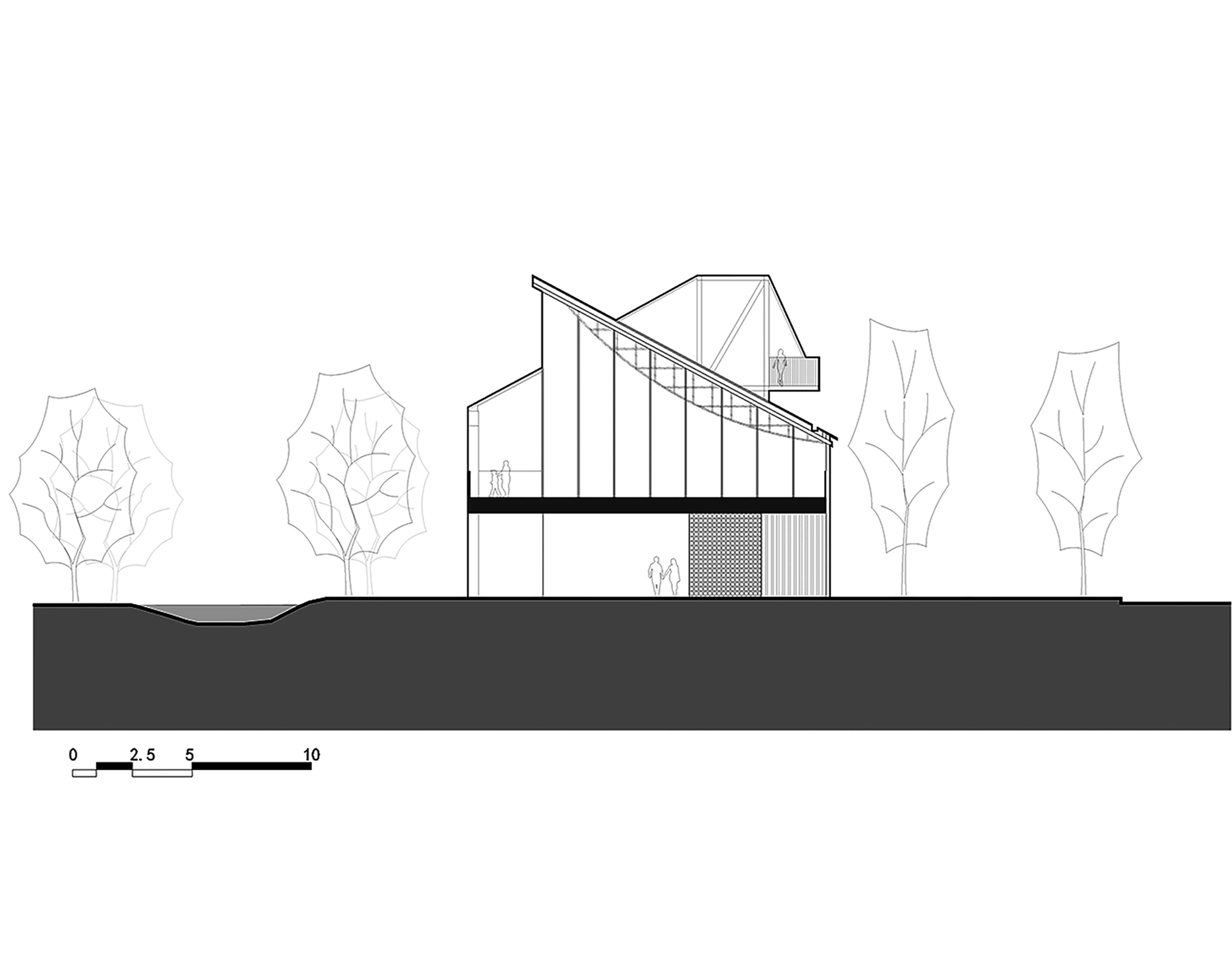 Section drawing of sloped roof structure with grid facade panels and trees alongside the building