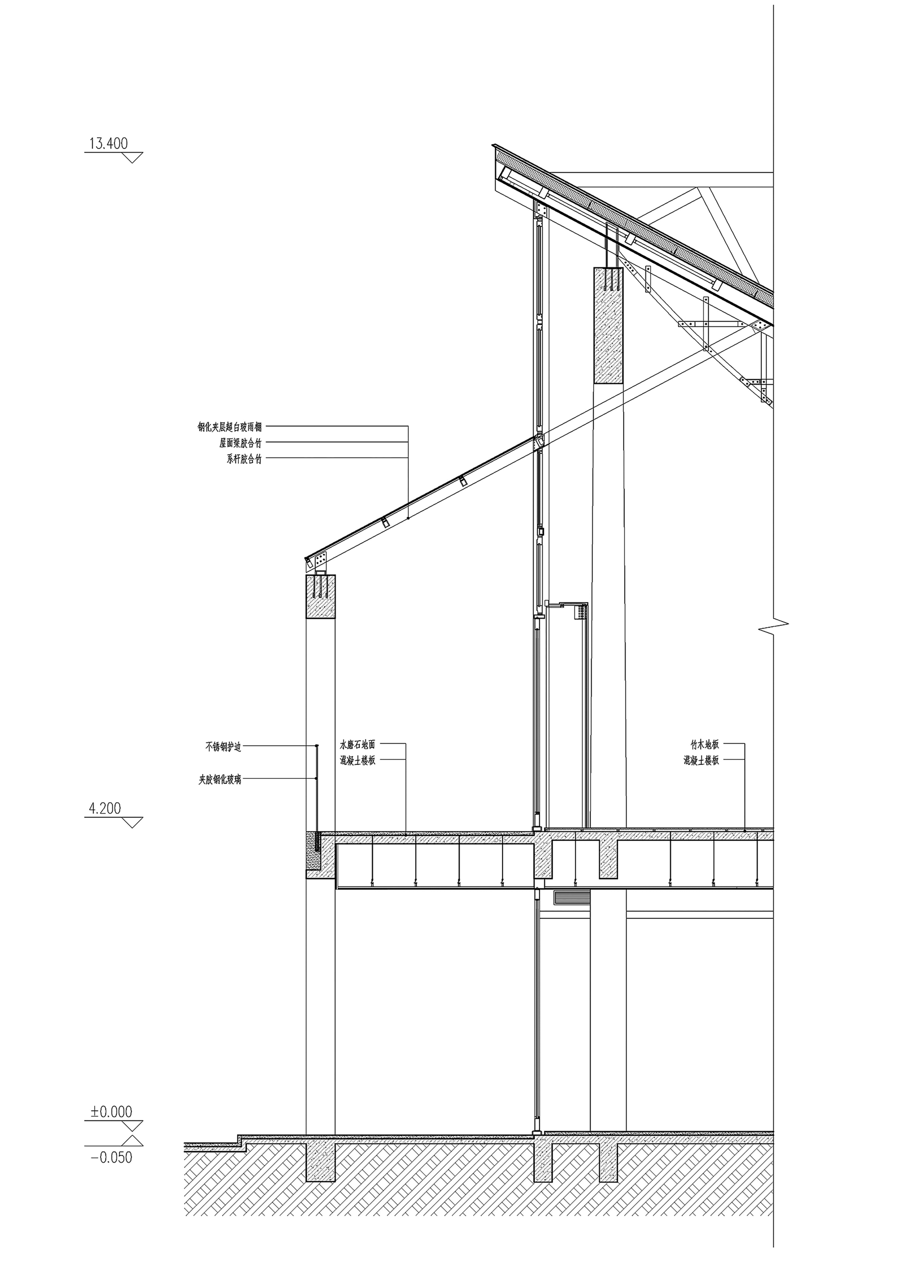 Detail section drawing of sloped roof connection with structural framing and foundation below grade