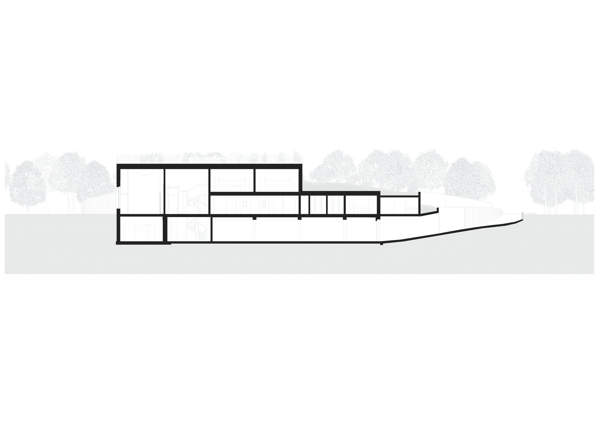 Section drawing showing a stepped linear building following a sloping site with trees