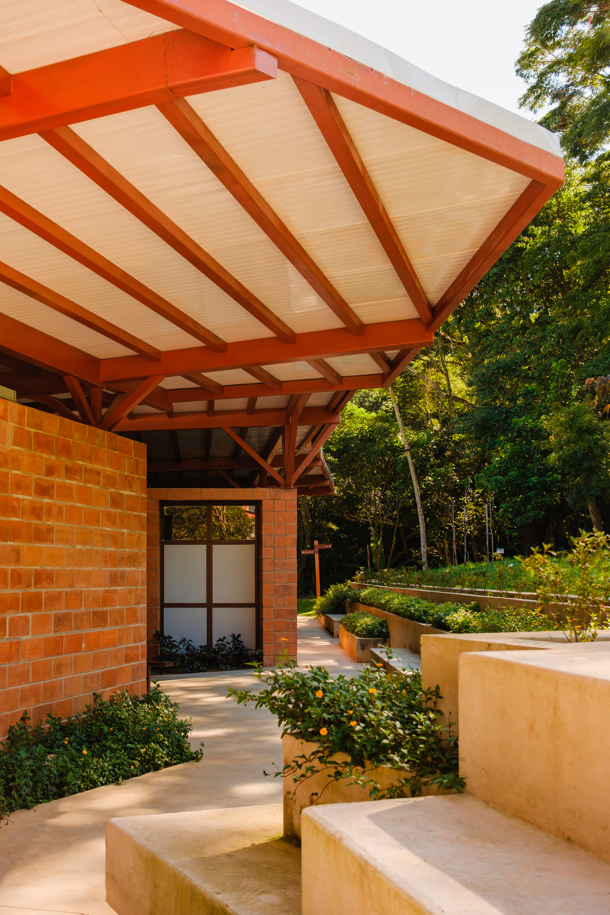 Underside view of timber roof structure with slatted ceiling panels over brick entrance and steps