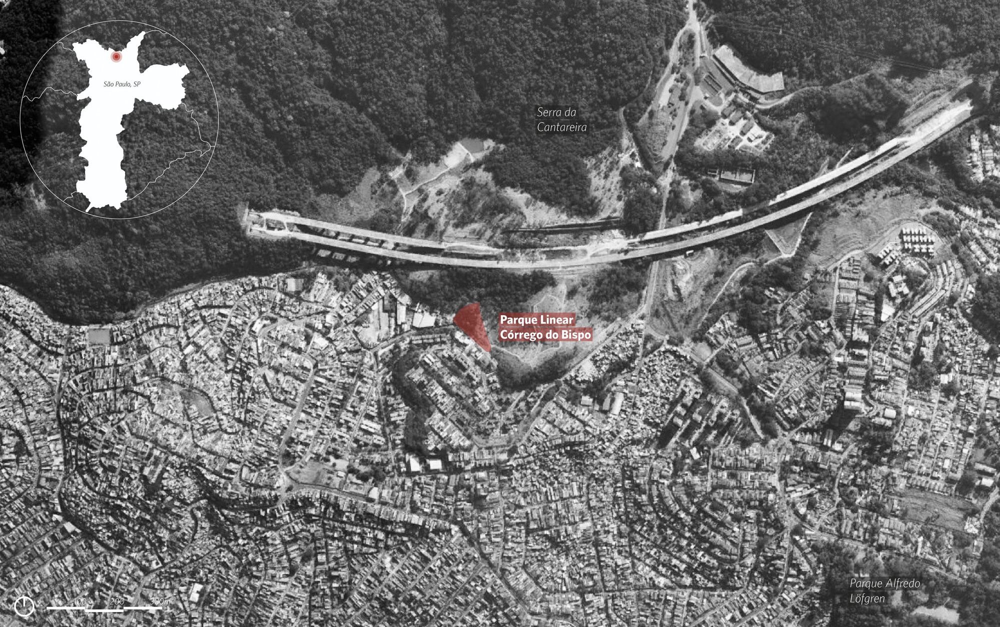 Aerial site plan showing the linear park highlighted in red cutting through dense urban fabric and forest