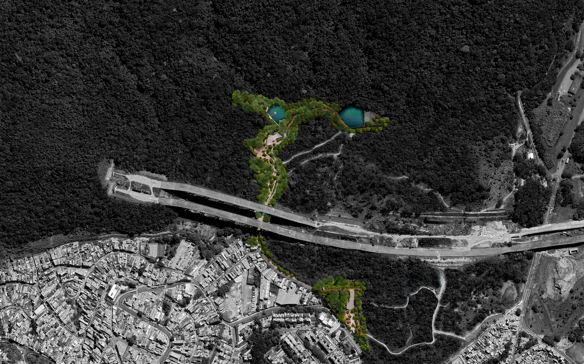 Drone view of the highlighted park corridor with colorized zones winding between residential development and forested hillside