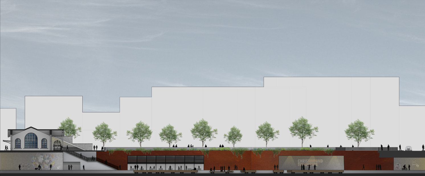 Sectional cut revealing layered circulation and integrated public programs along the reimagined rail corridor