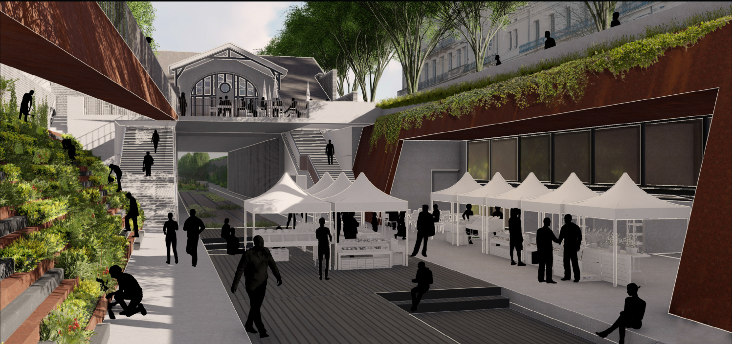 Terraced market space activating the sunken railway with community exchange and flexible retail setups