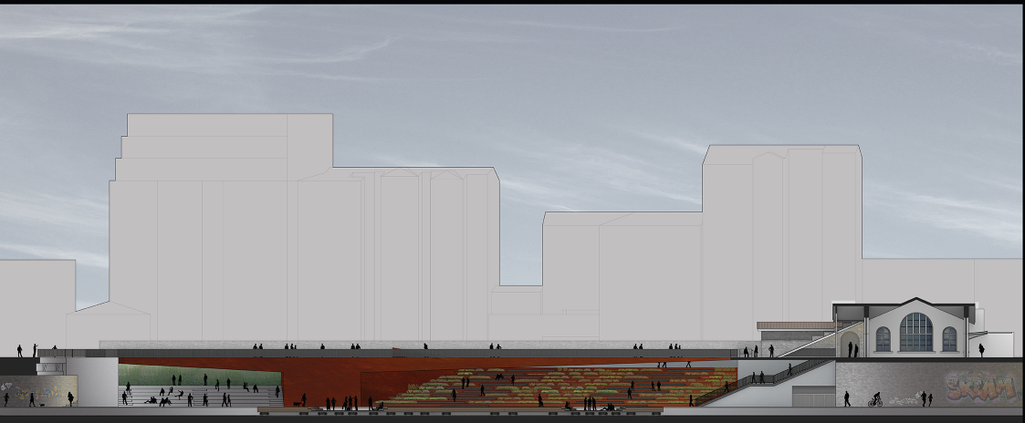Longitudinal section showcasing amphitheater seating and continuous pedestrian connectivity across levels