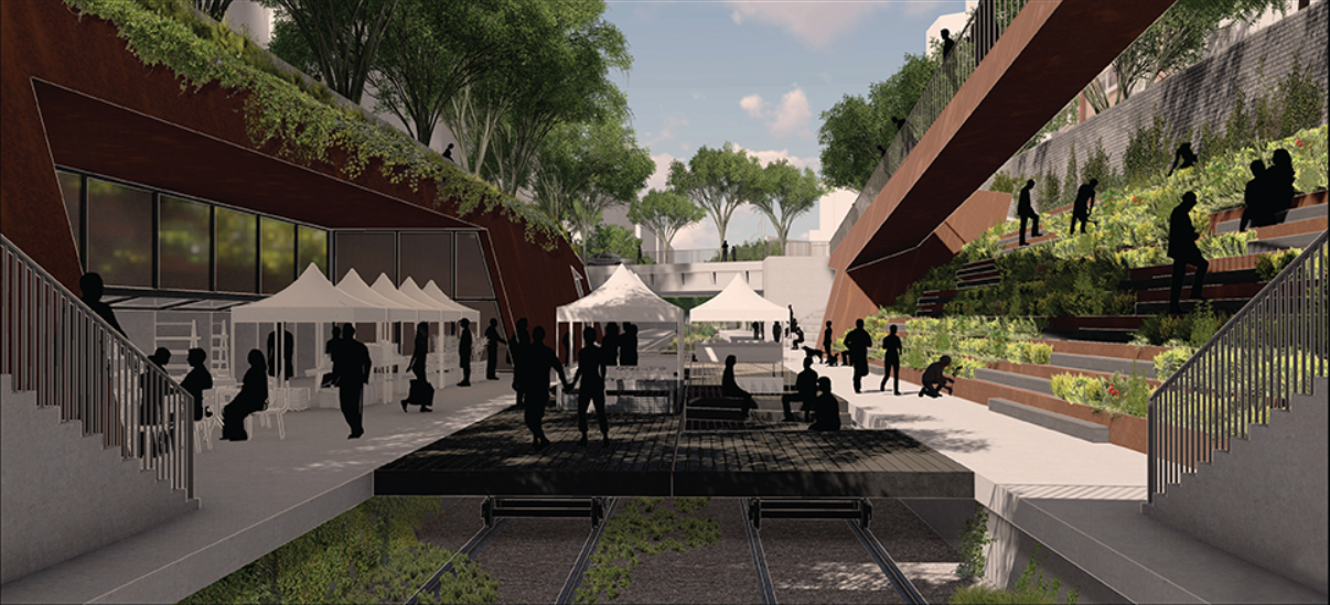 Street-level intervention blending retail, landscape, and circulation into a cohesive public spine