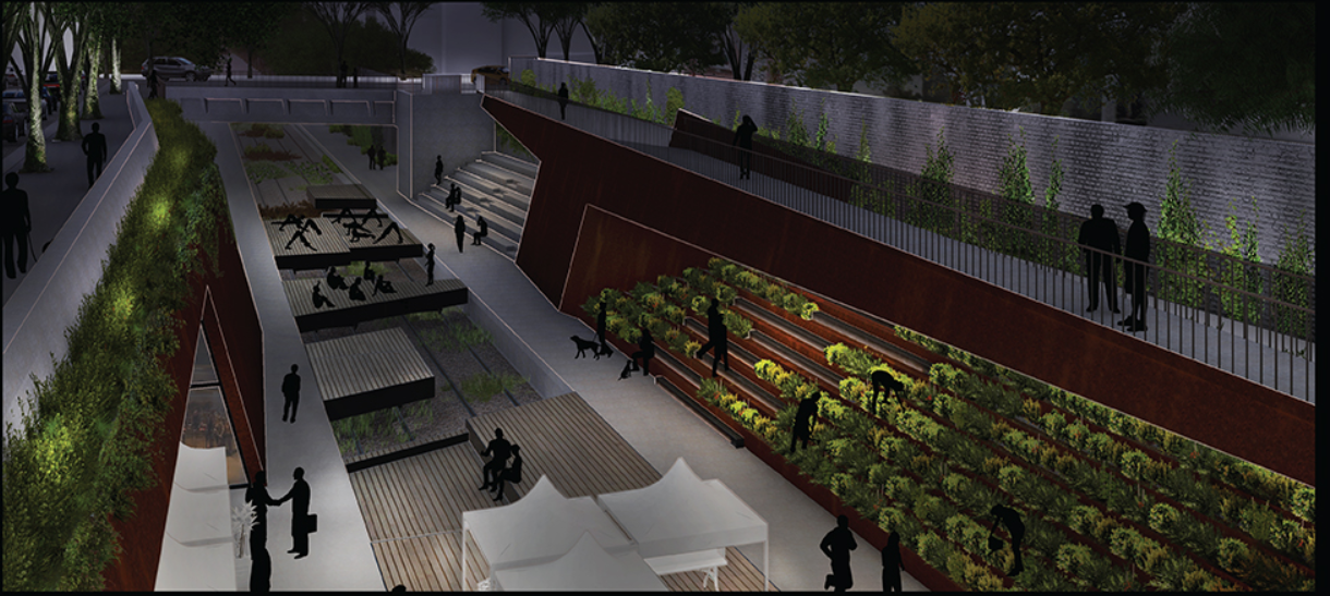 Night view highlighting urban farming terraces and illuminated community interaction zones