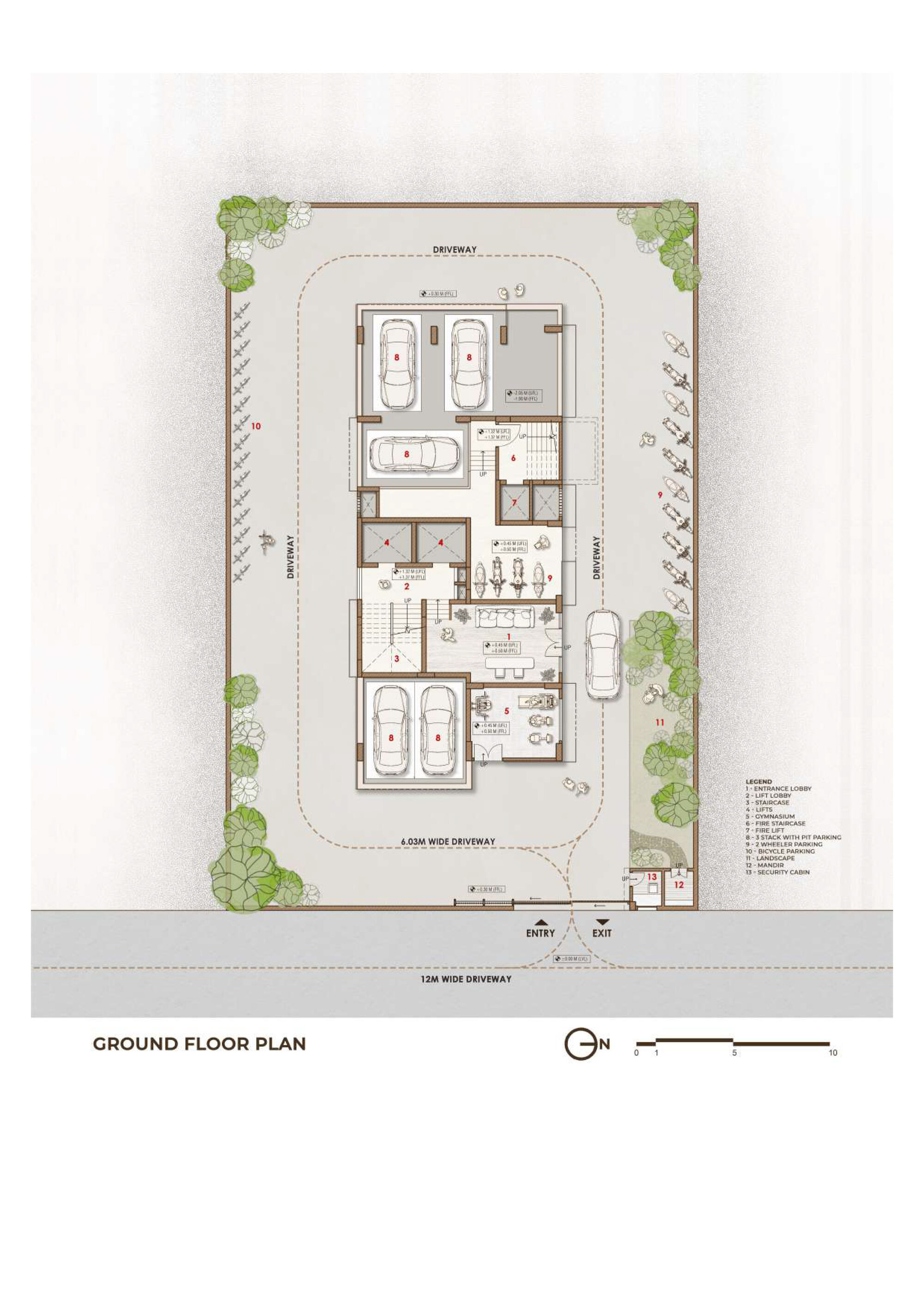 Ground floor plan drawing showing parking, landscaping, and room layouts with watercolor rendering