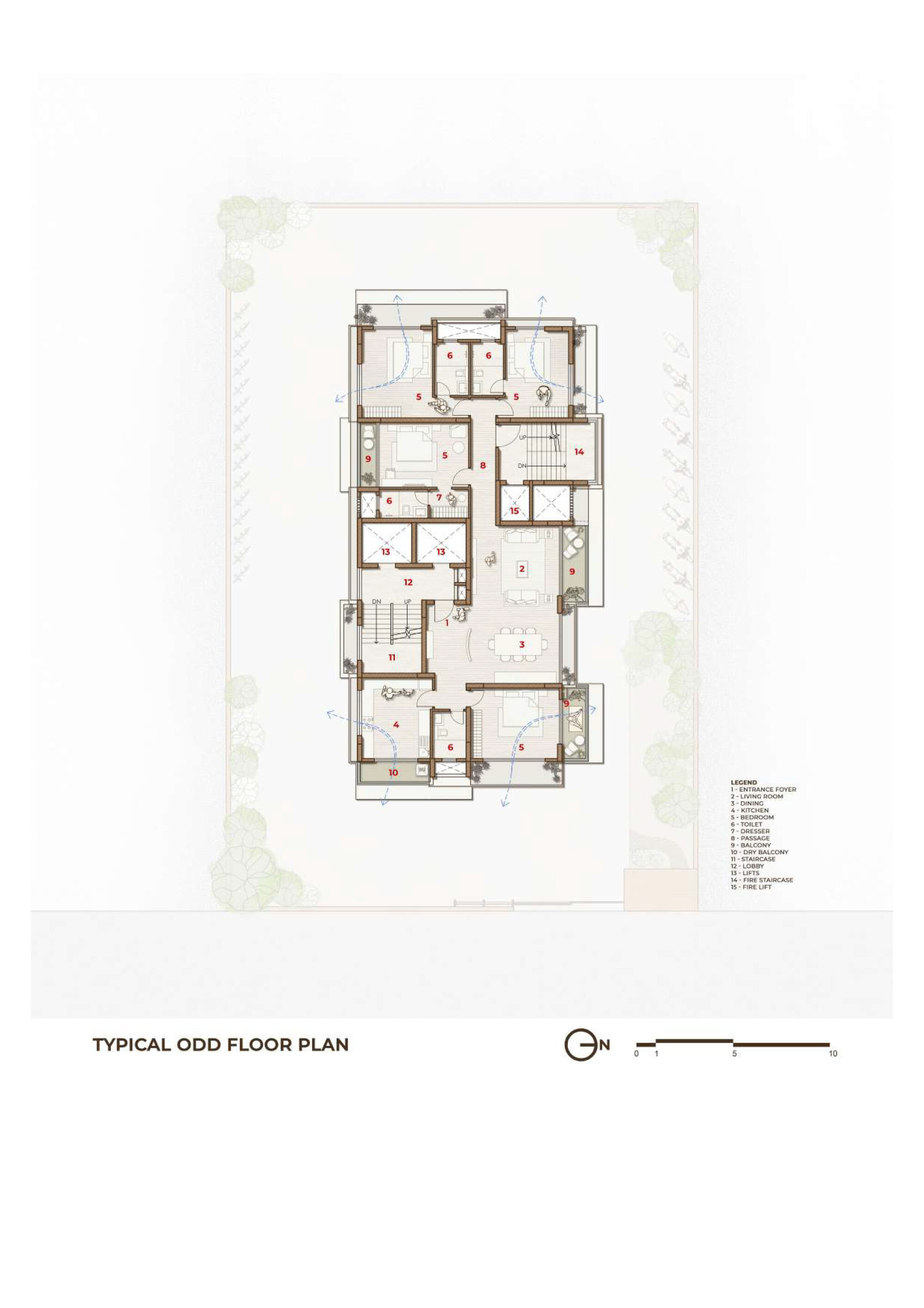Typical upper floor plan drawing showing residential unit layout with multiple bedrooms and bathrooms
