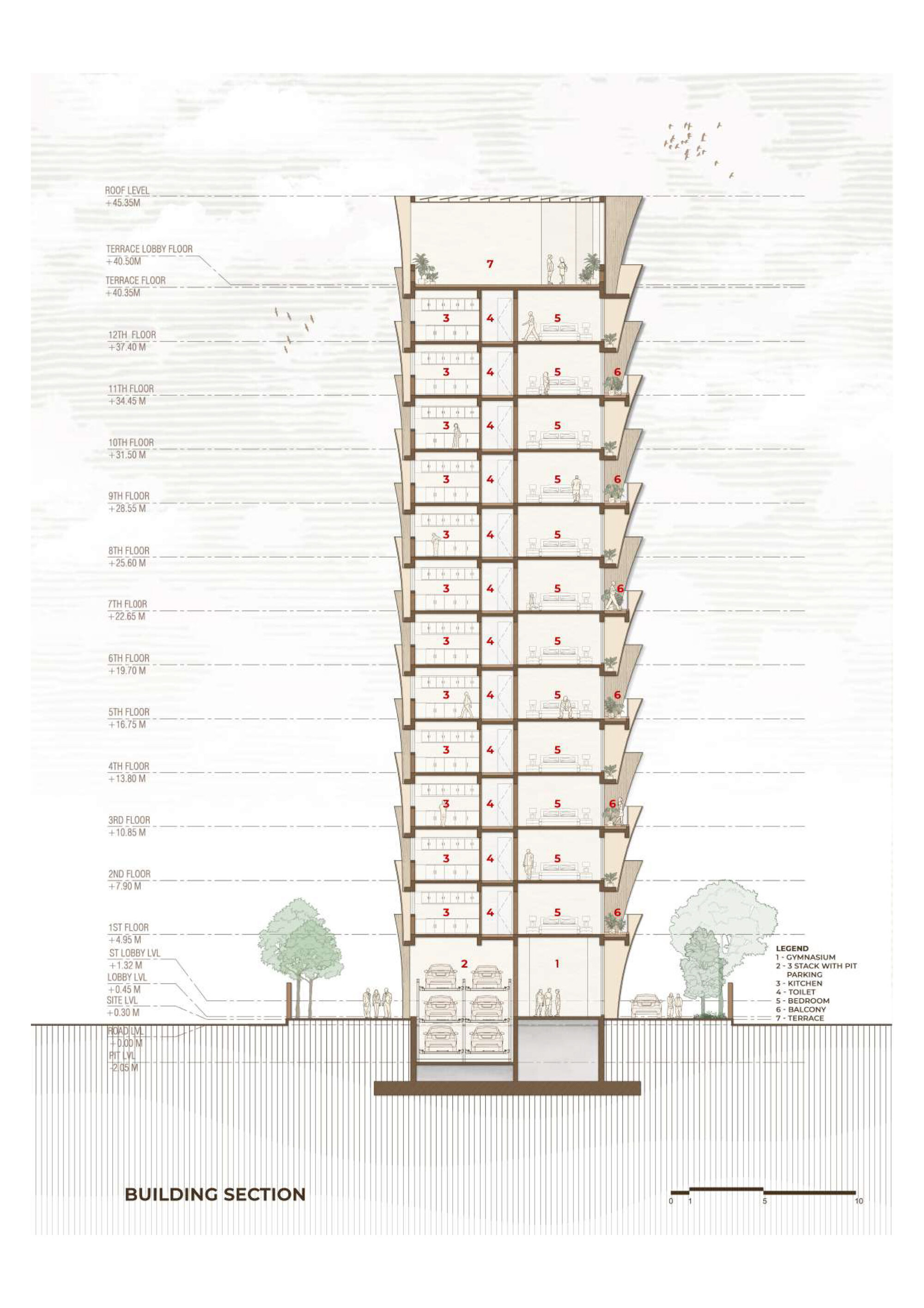 Building section drawing revealing a slender tower with cantilevered balconies and flanking trees at ground level