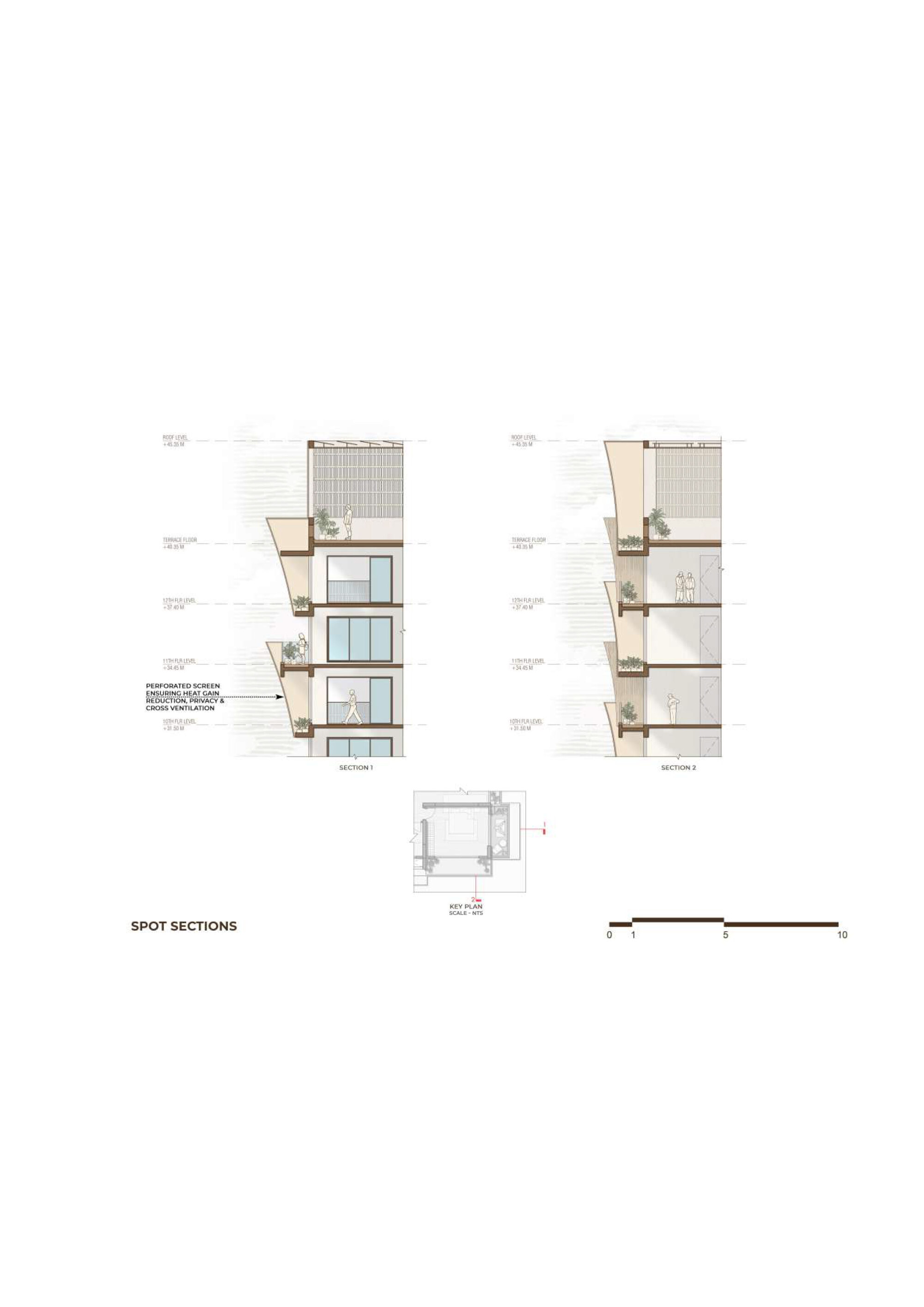 Spot section drawings detailing the facade composition with angled balconies and glazing across multiple floors
