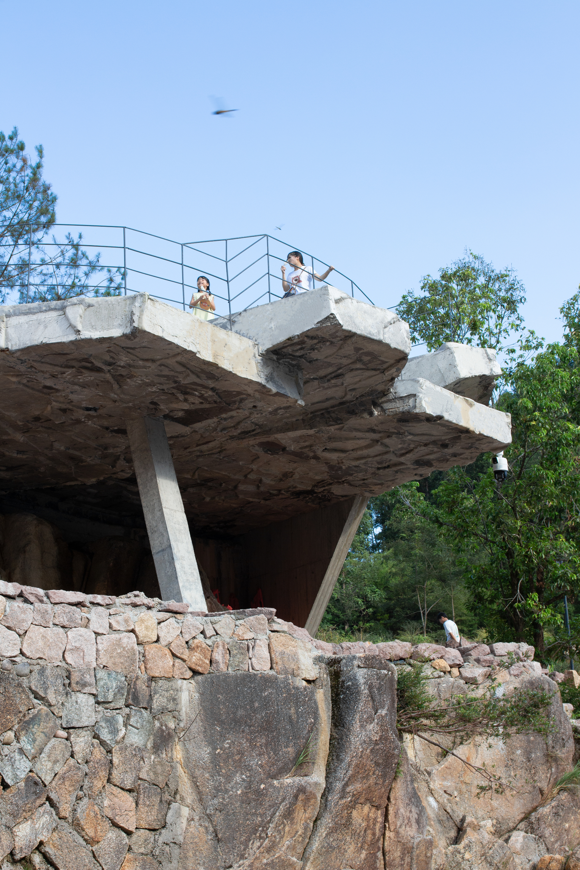 Rooftop observation deck with metal railing where two visitors stand looking out over the trees