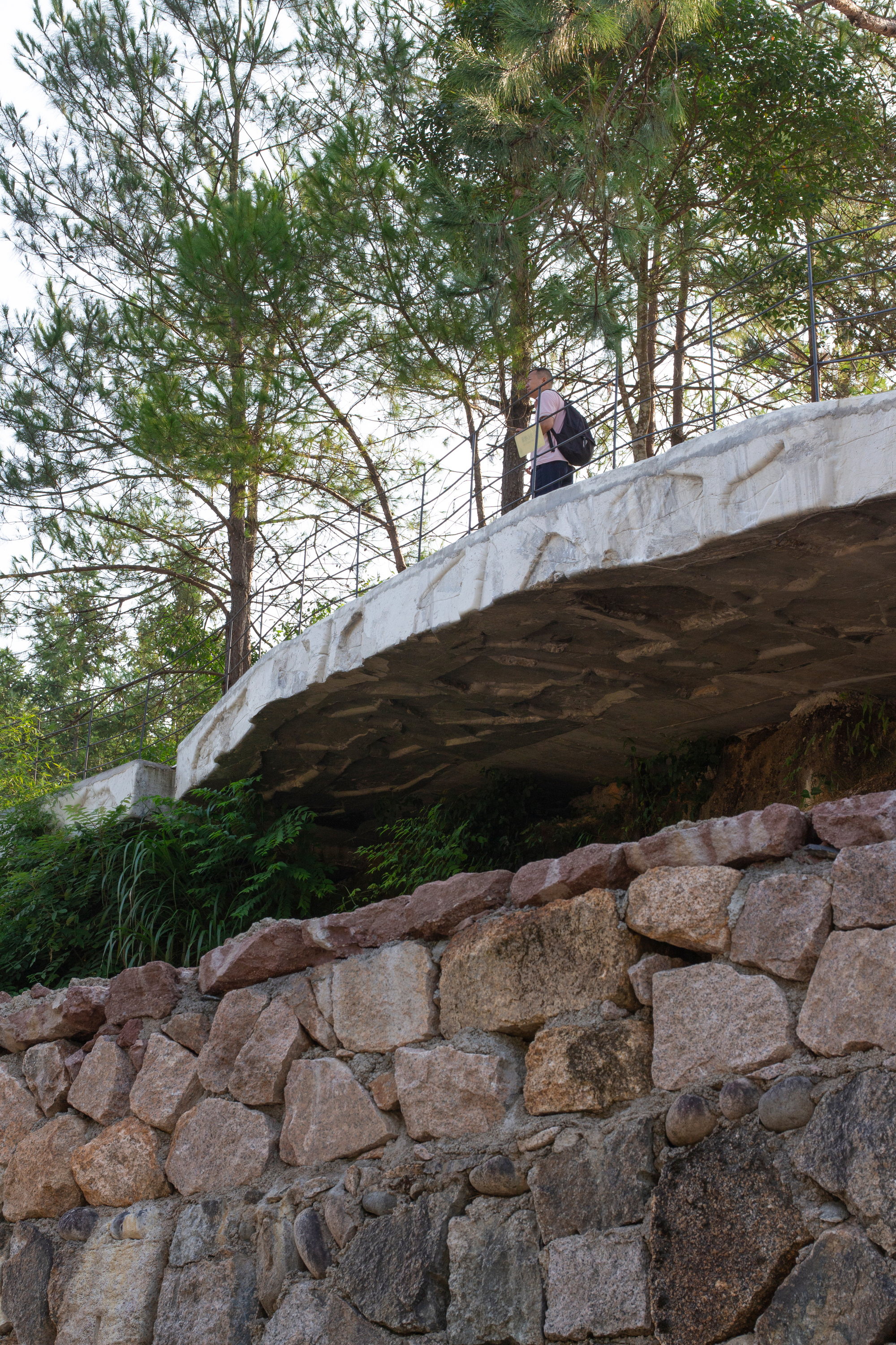 Layered stone retaining wall supporting cantilevered concrete deck with visitor walking above through pine trees