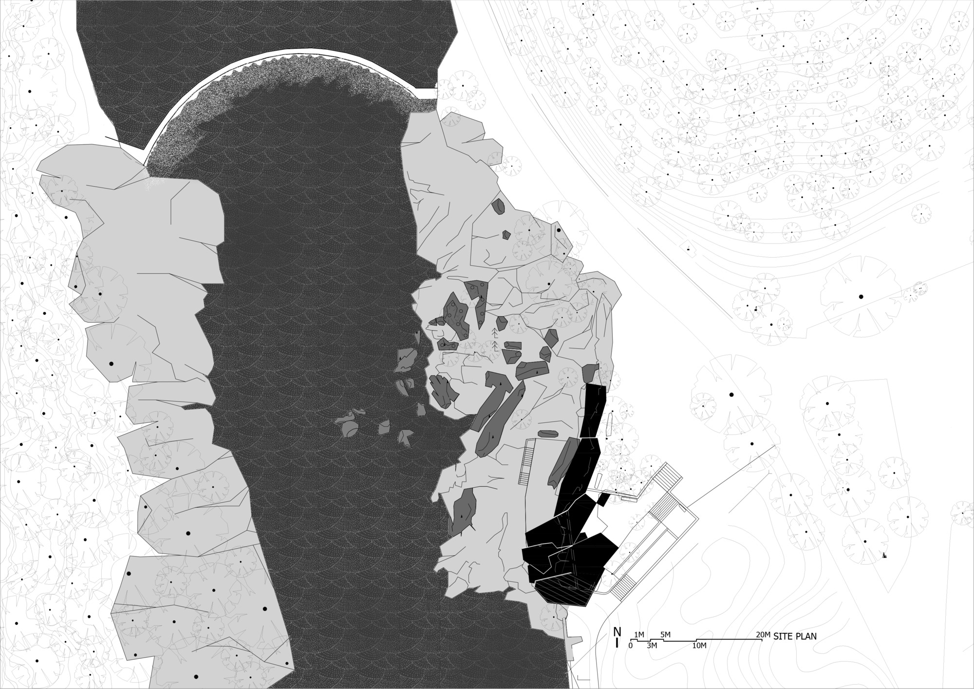 Site plan drawing showing the reservoir, intervention footprint, and surrounding topographic contours