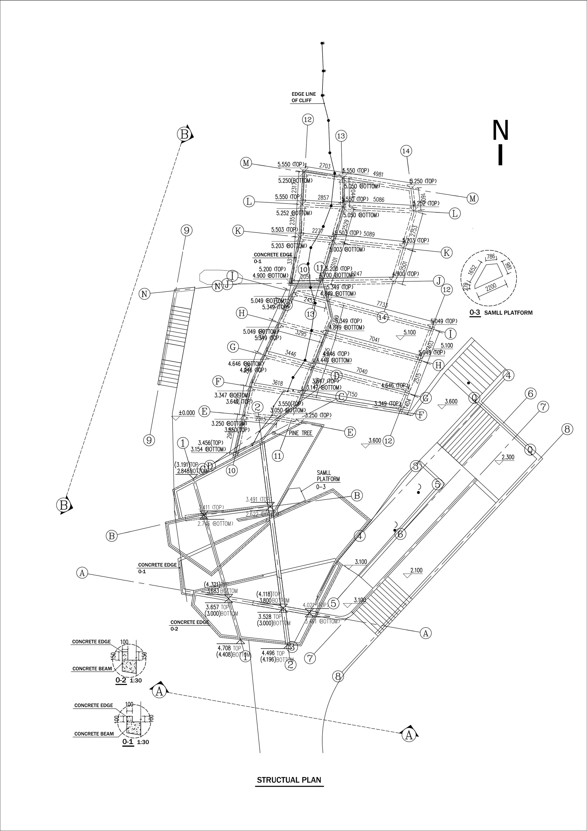 Structural plan drawing indicating concrete beams and column positions with dimensional annotations and north arrow