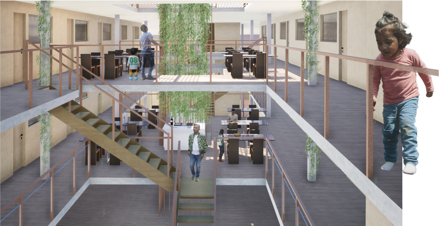 Vertical circulation and open platforms foster visibility, connectivity, and social integration across levels.