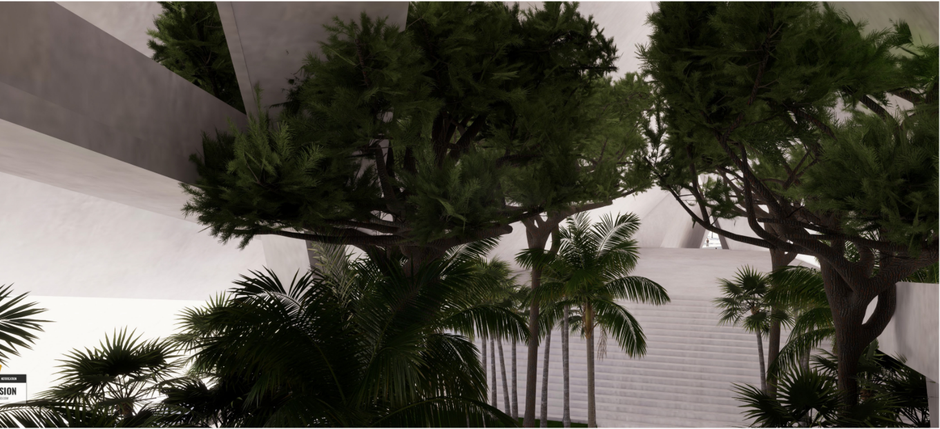 Interior desert forest introduces a controlled micro-ecosystem within a monumental architectural shell.