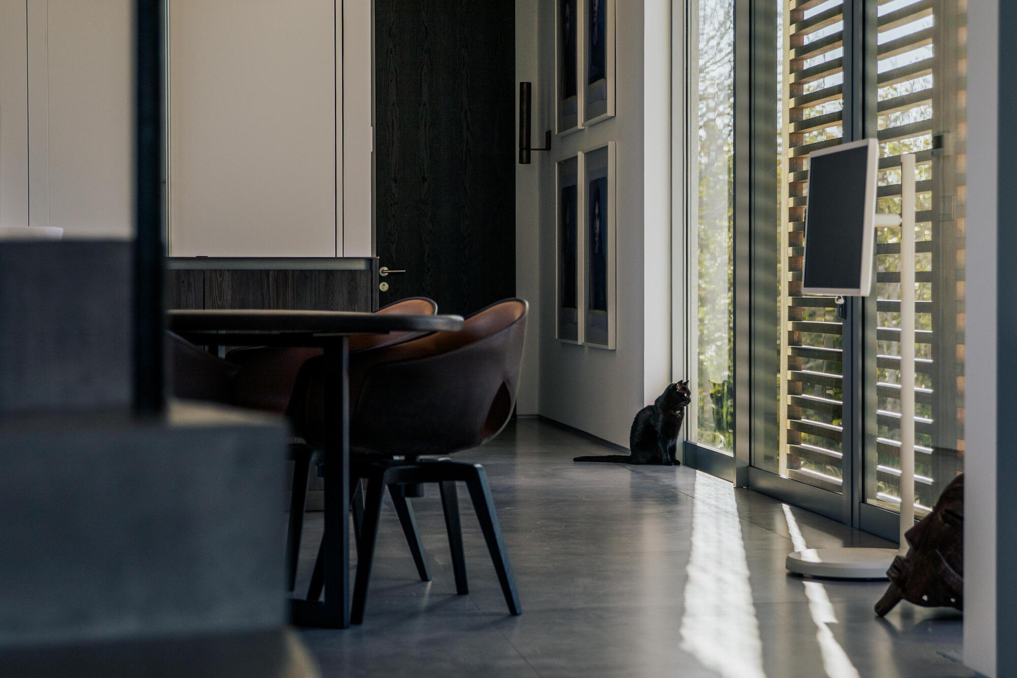 Dining area with round table and timber louvered screens filtering afternoon light onto polished floor