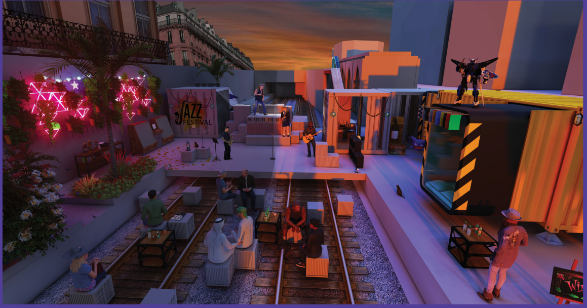 Adaptive reuse of railway tracks into a vibrant social spine with seating, performance, and container-based interventions.