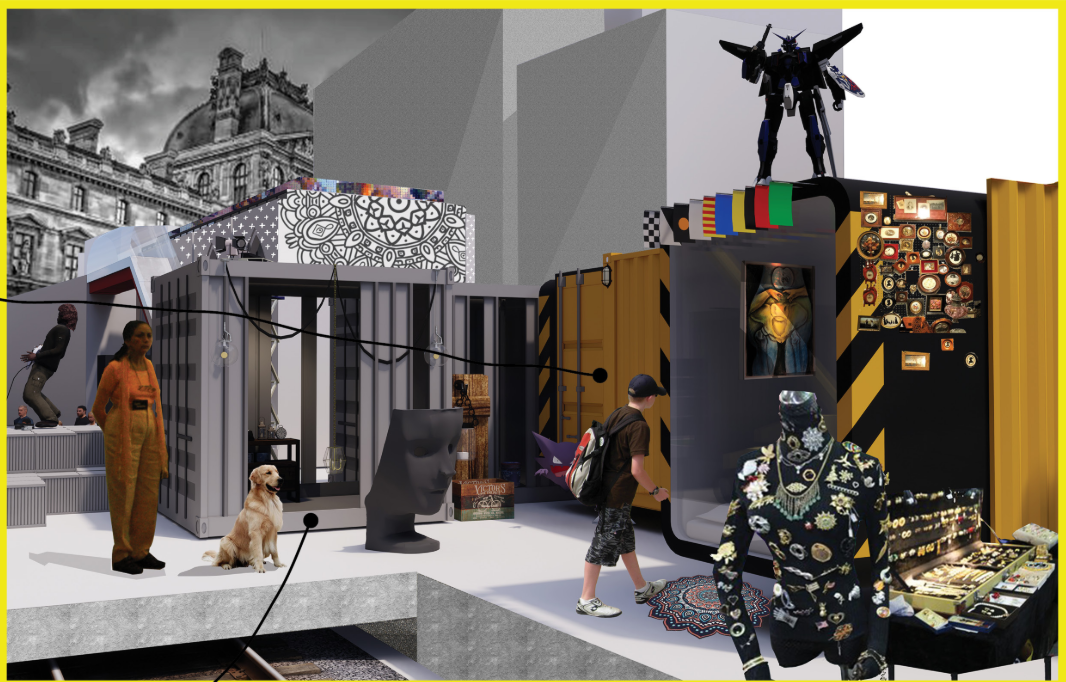 Repurposed shipping containers host galleries, retail, and installations, enabling flexible public programming.