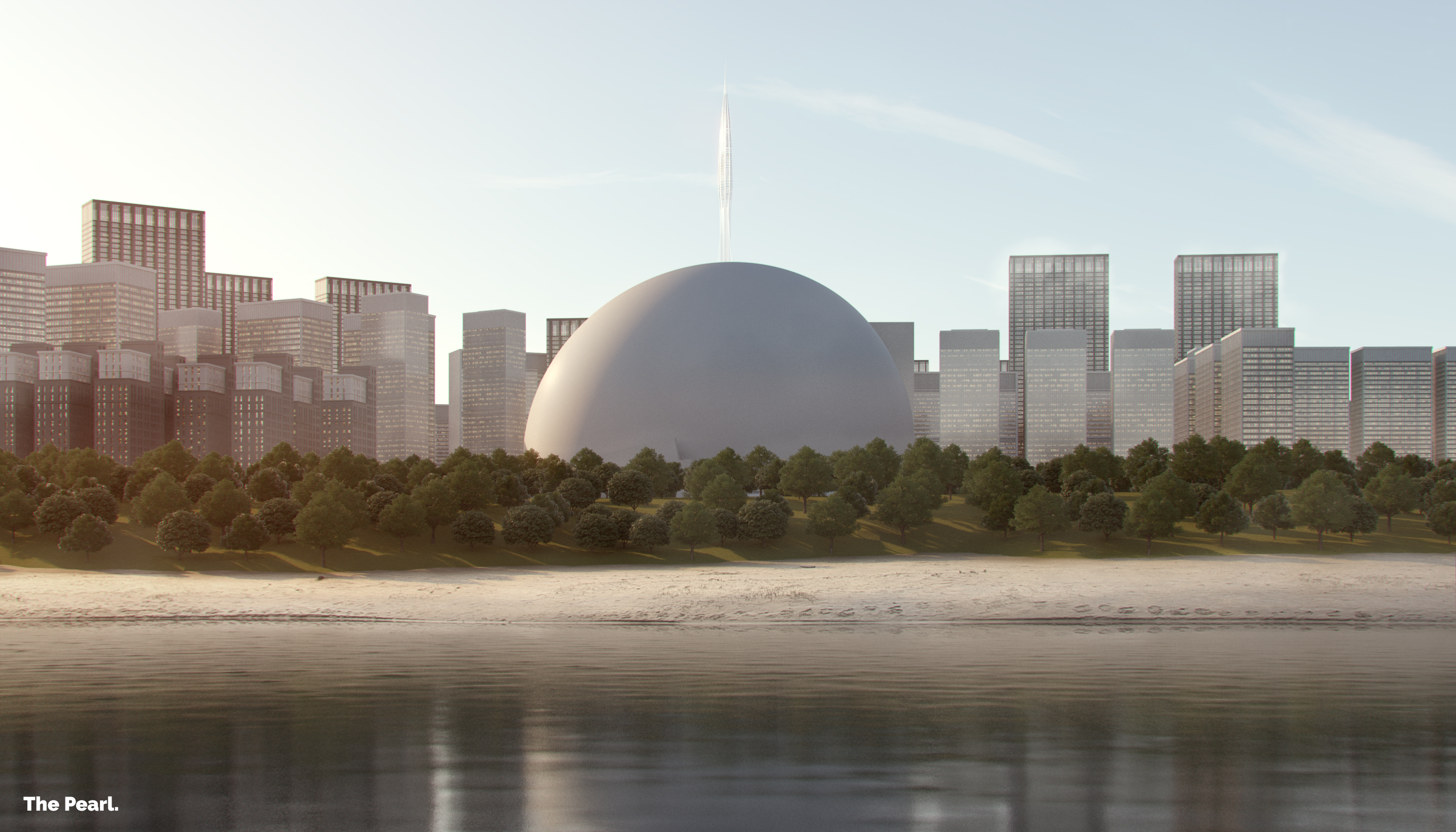 A monumental spherical form rises as a symbolic pearl, anchoring the mosque within Dubai’s urban skyline.