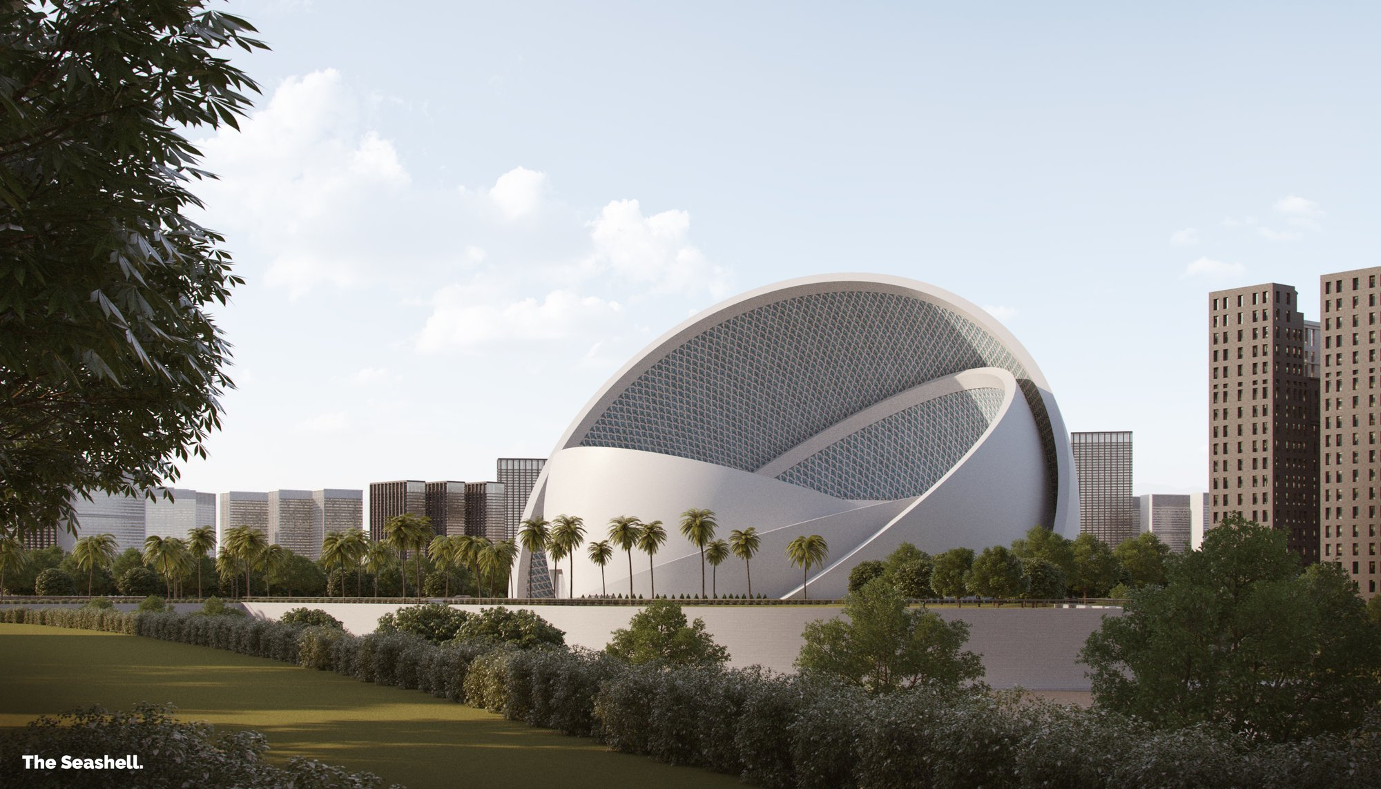The seashell-like incision reveals layered spatial complexity, merging sculptural form with Islamic geometric patterns.