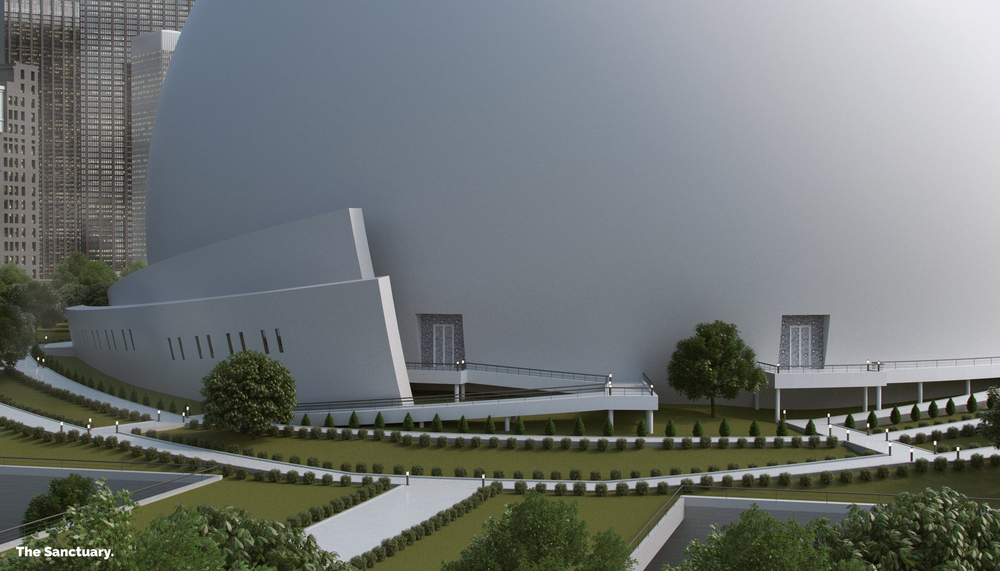 The sanctuary base integrates seamlessly with landscaped pathways, guiding movement from city to sacred space.