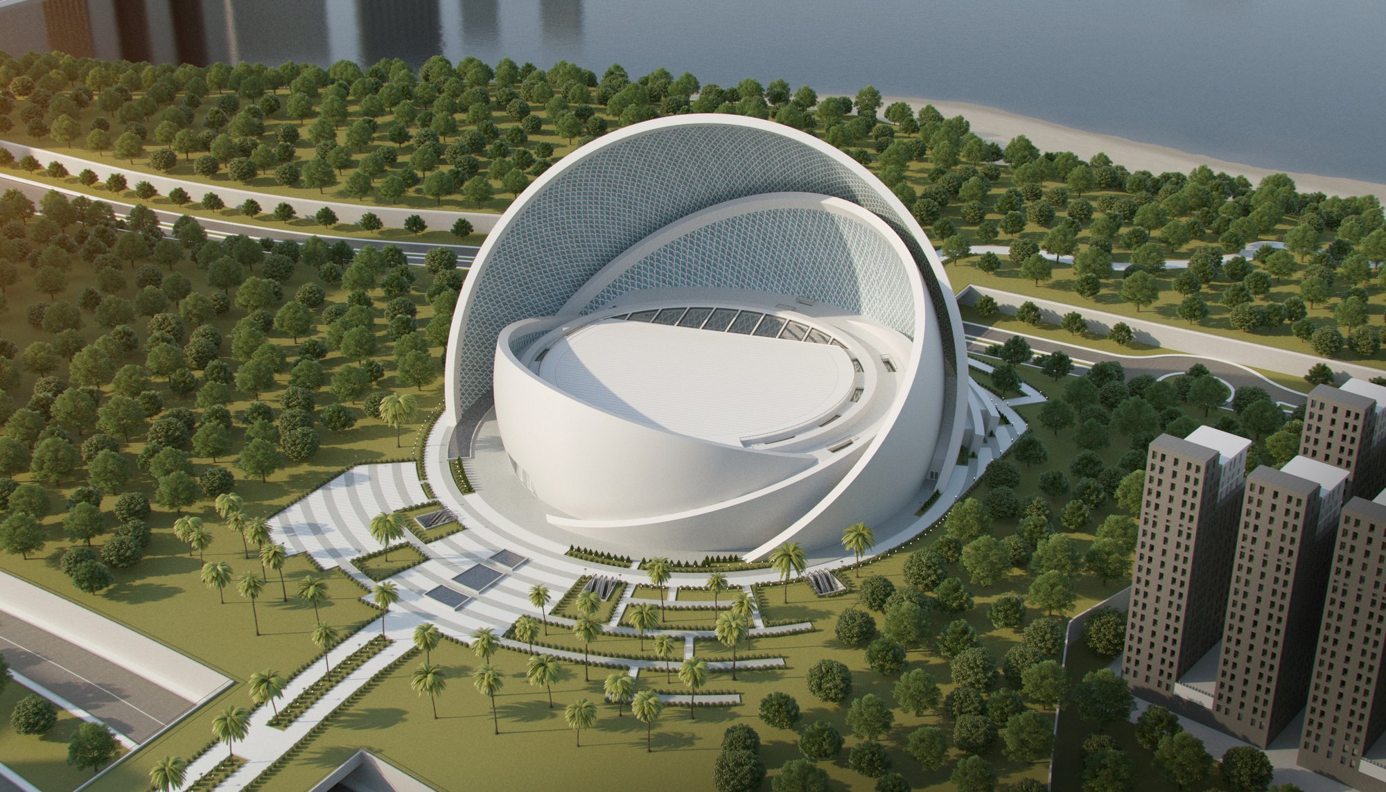 Aerial view highlights the mosque’s concentric organization, where geometry, landscape, and circulation converge.