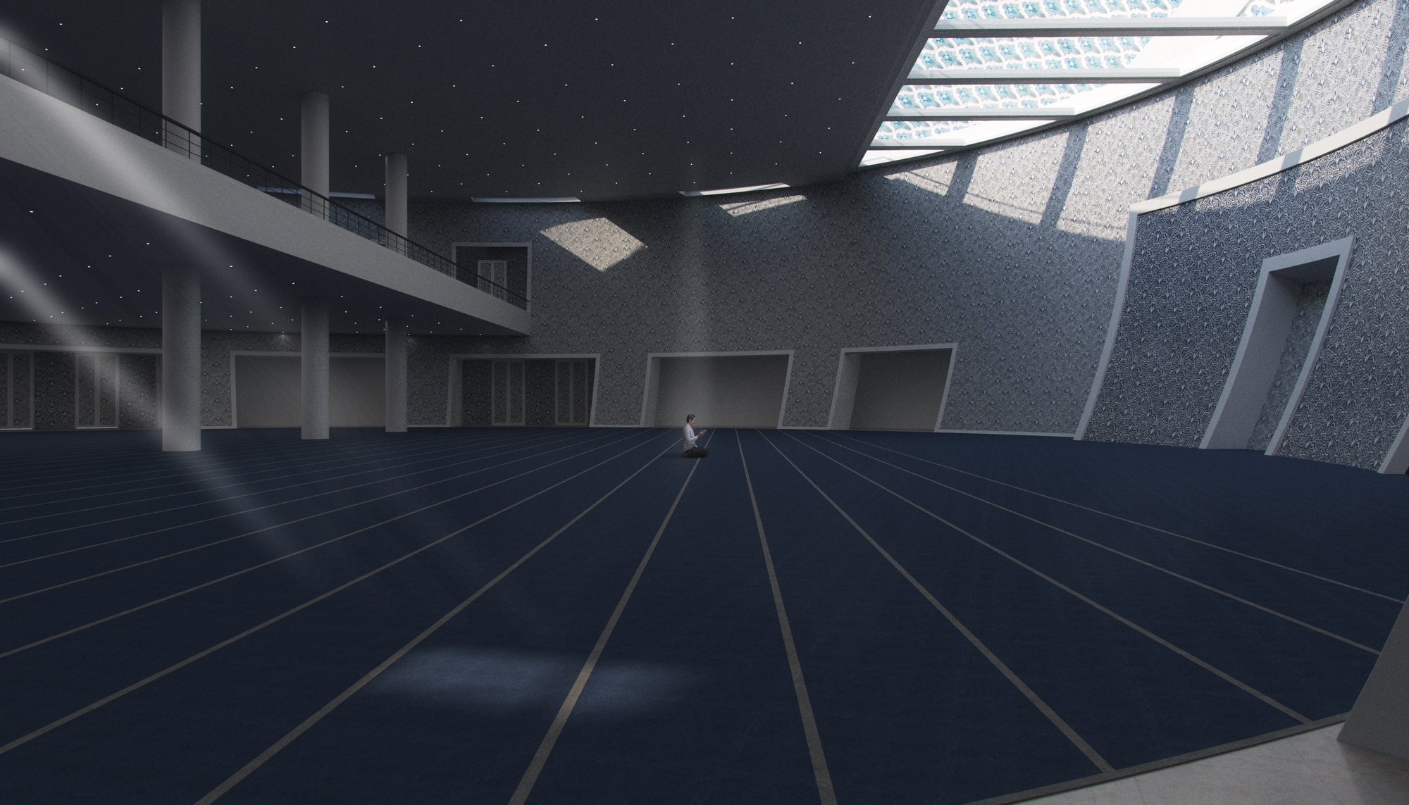 Interior prayer hall uses light and pattern to create a शांत, contemplative atmosphere centered on spiritual focus.