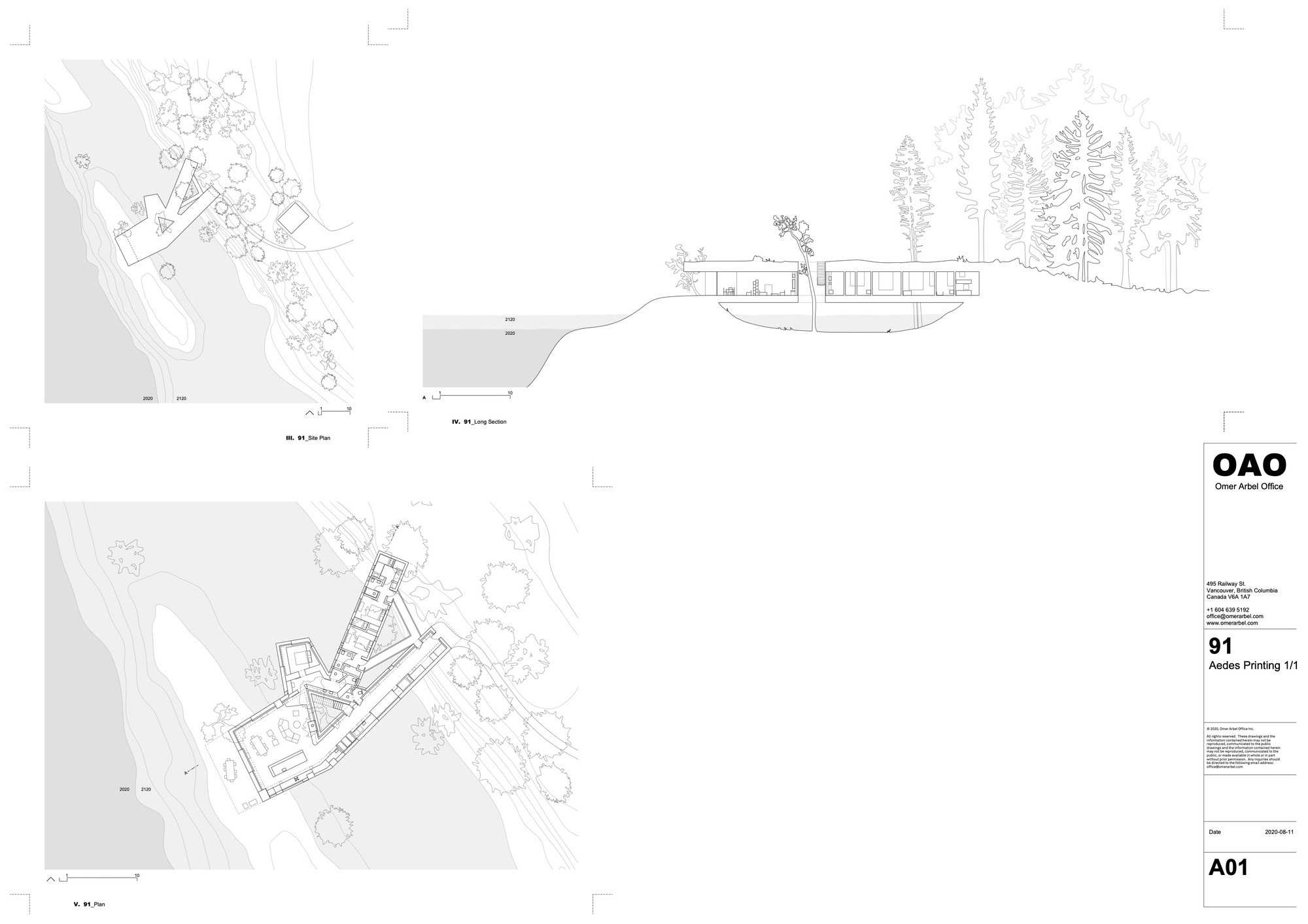 Site plan and section drawing showing the residence positioned on a sloping wooded hillside