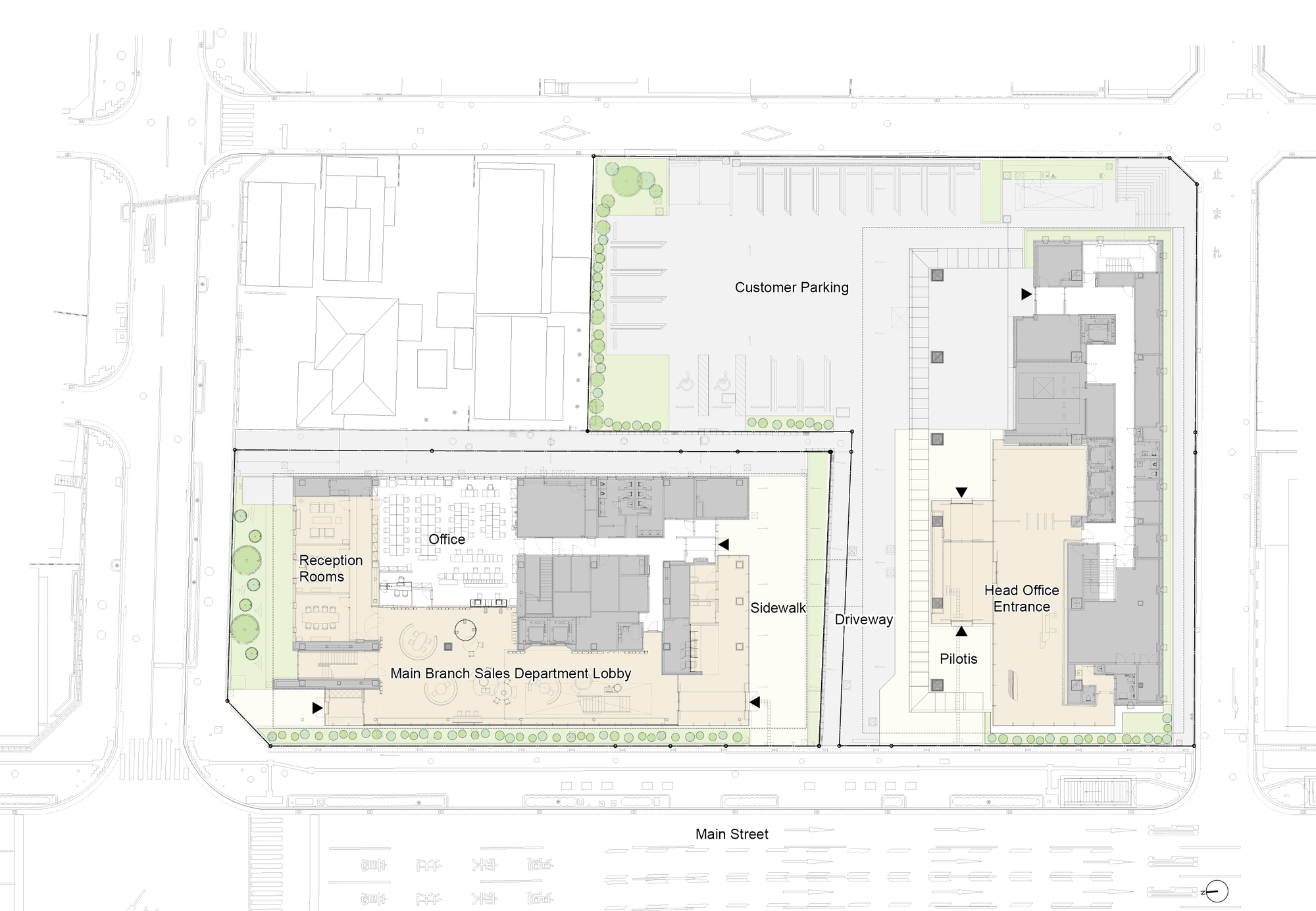 Site plan drawing showing two building volumes with parking lot and surrounding street context