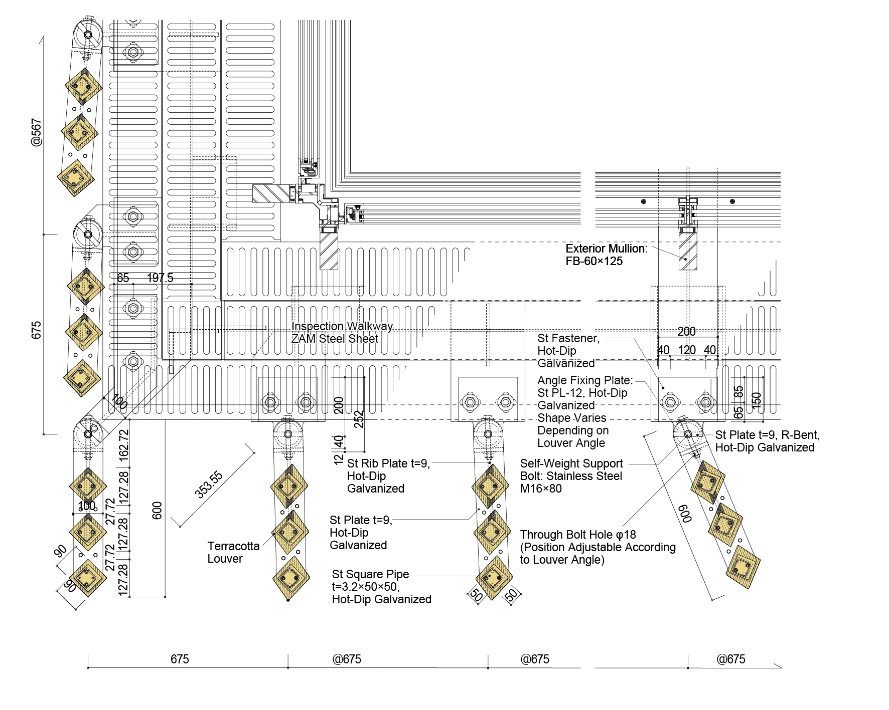 Plan detail drawing of exterior mullion connection with terracotta louver, steel plates, and hot-dip galvanized fasteners