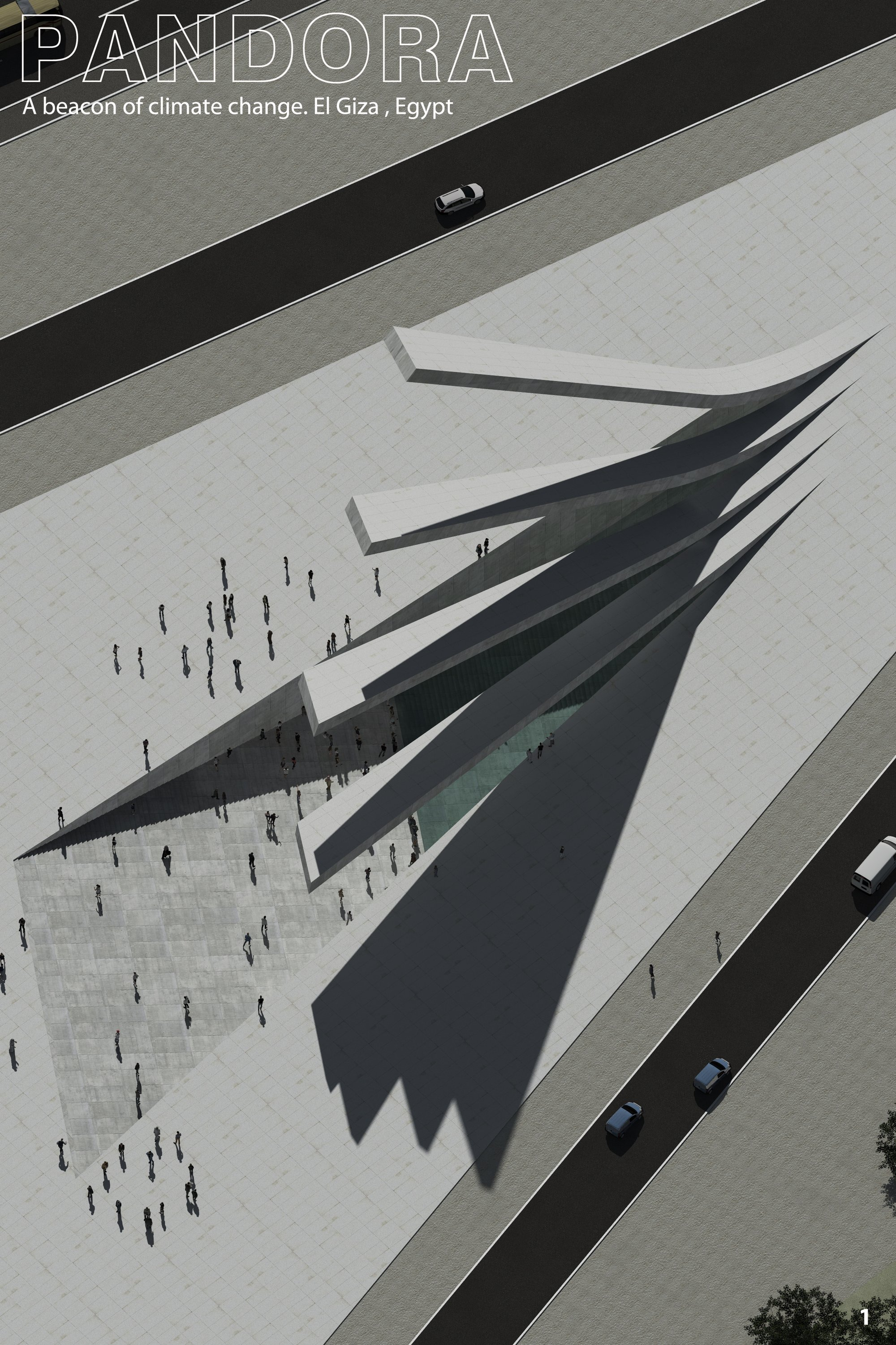 A monumental rupture in the ground plane, where fractured concrete forms rise as a spatial metaphor for climate disruption.