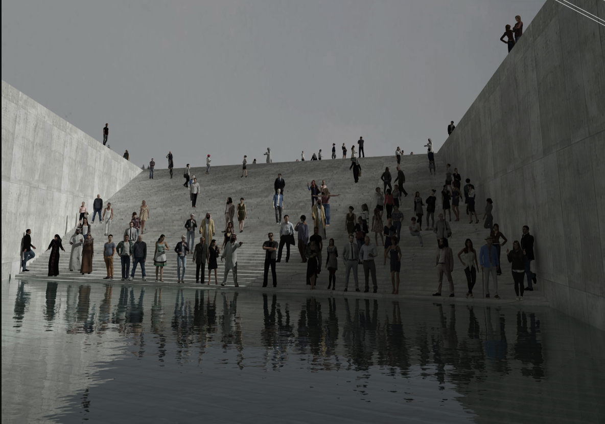 Descending into the submerged void, visitors engage directly with water as an experiential layer of climate-responsive architecture.