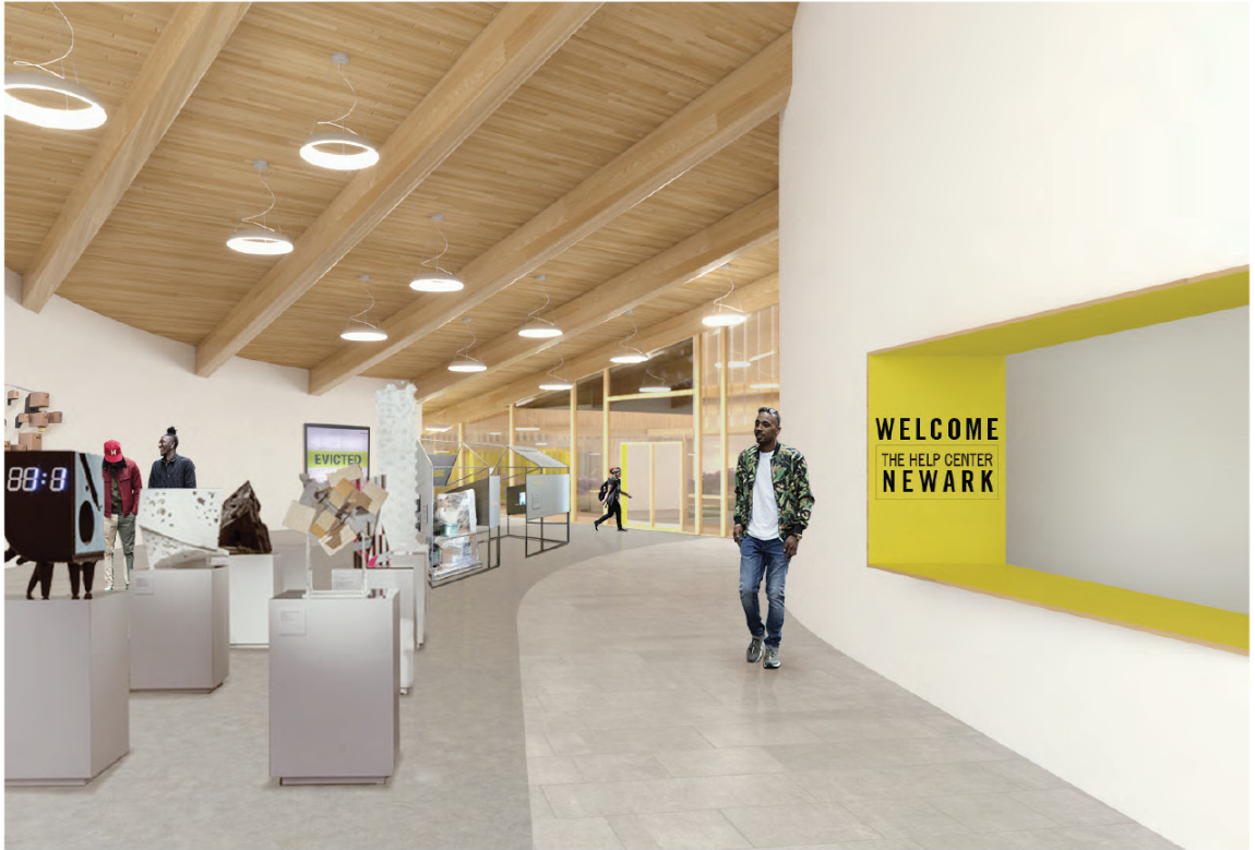 Interior welcome hall of the Help Center, where community services, exhibitions, and resource spaces introduce visitors to support programs.