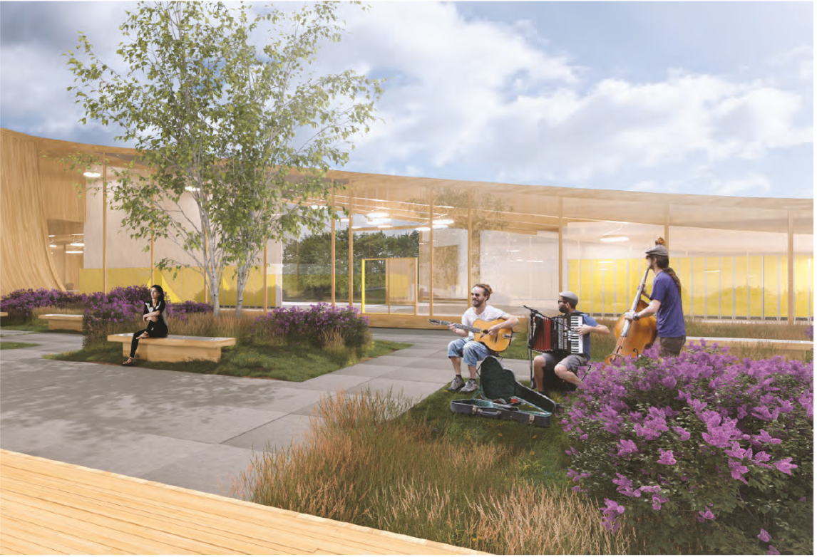 Community courtyard and landscape, designed as a shared public space encouraging interaction, relaxation, and neighborhood engagement.