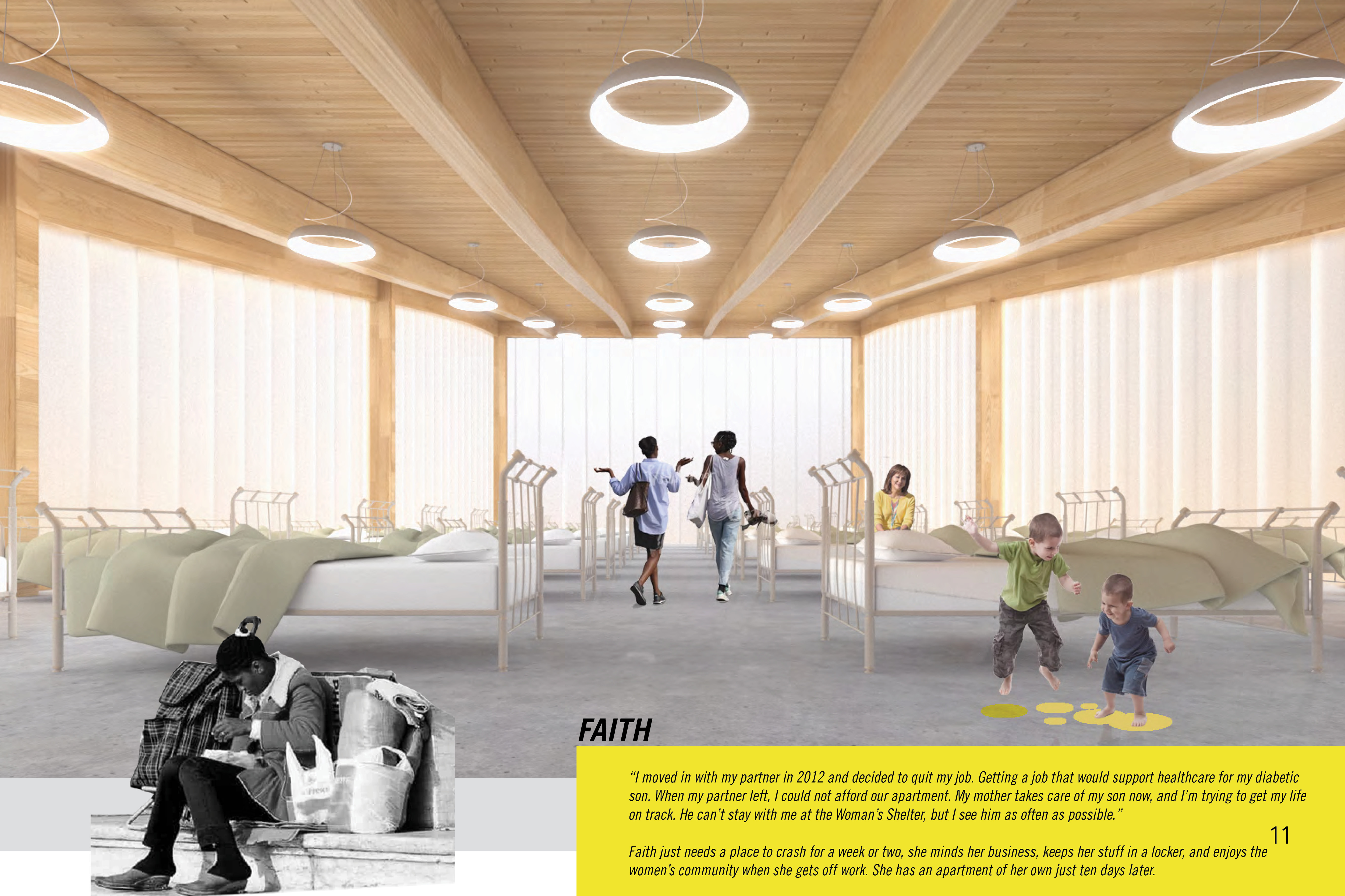 Emergency shelter hall, designed with warm materials and natural light to create a dignified and humane sleeping environment for residents.