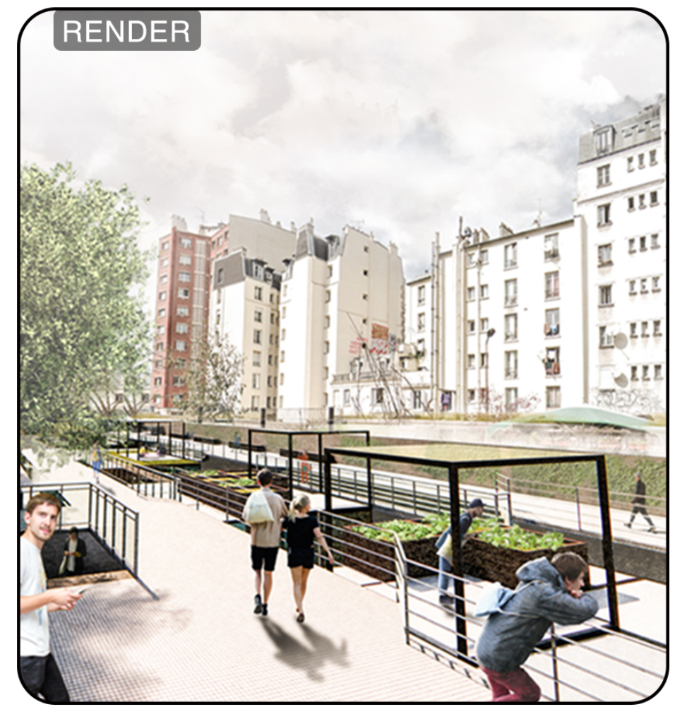 Linear public corridor reactivated with urban farming modules, pedestrian pathways, and interactive community spaces.