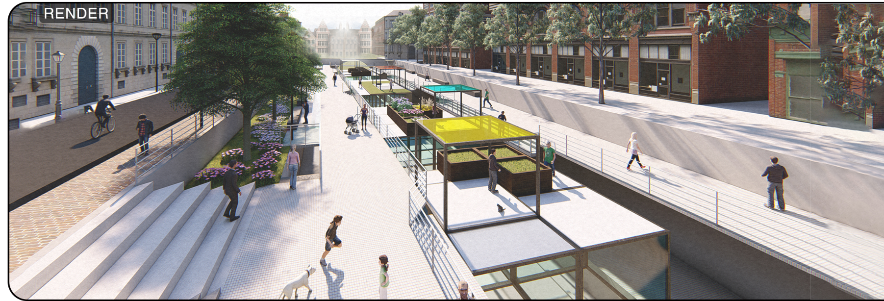 Sunken plaza and elevated walkway system creating multi-level engagement along the reused railway spine.