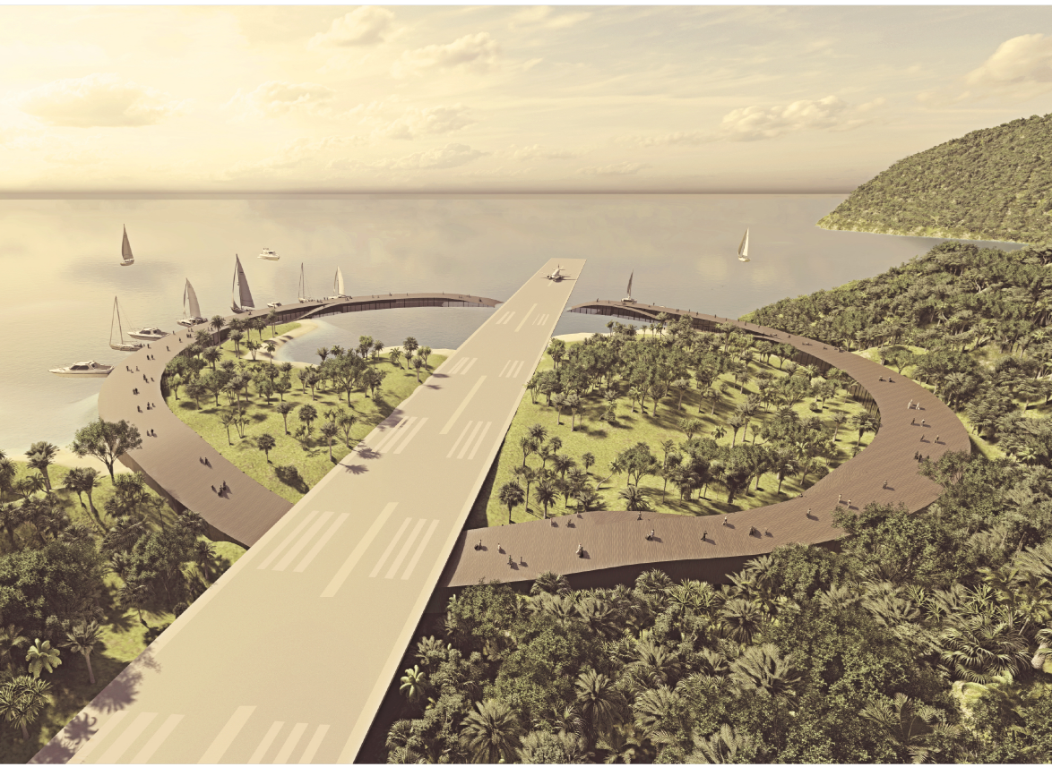 A circular airport runway merging land and sea, redefining sustainable airport architecture through landscape integration.