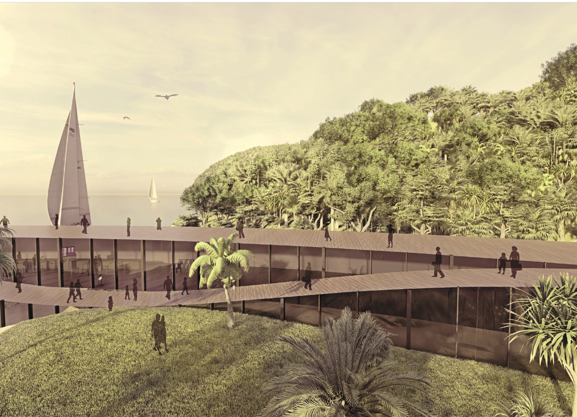 Layered circular pathways create a seamless passenger experience within a nature-integrated airport environment.