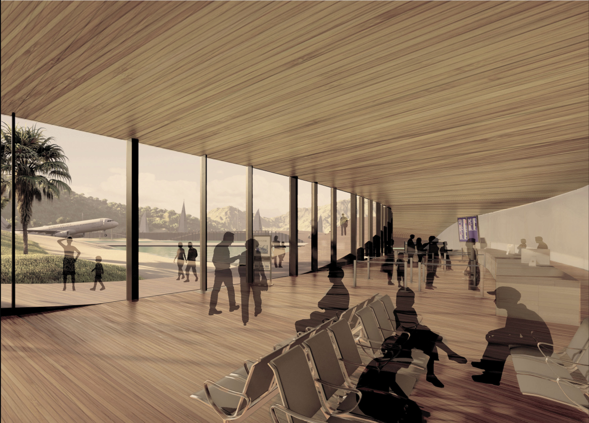 Warm timber interiors and panoramic glazing enhance user experience in this sustainable airport terminal design.
