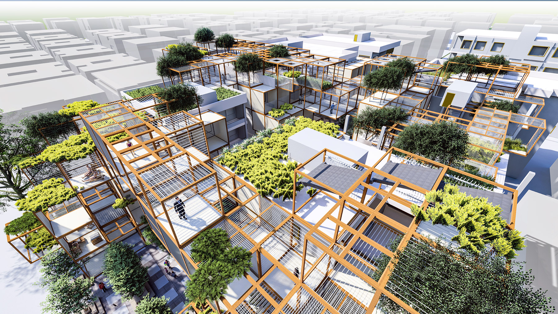 Elevated social rooftops redefine collective living with green terraces and adaptable structural grids.