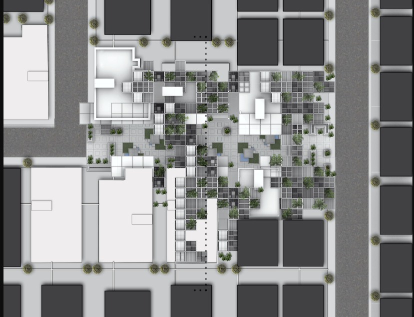 Site plan illustrates a dense network of public spaces, pathways, and regenerated residential clusters.