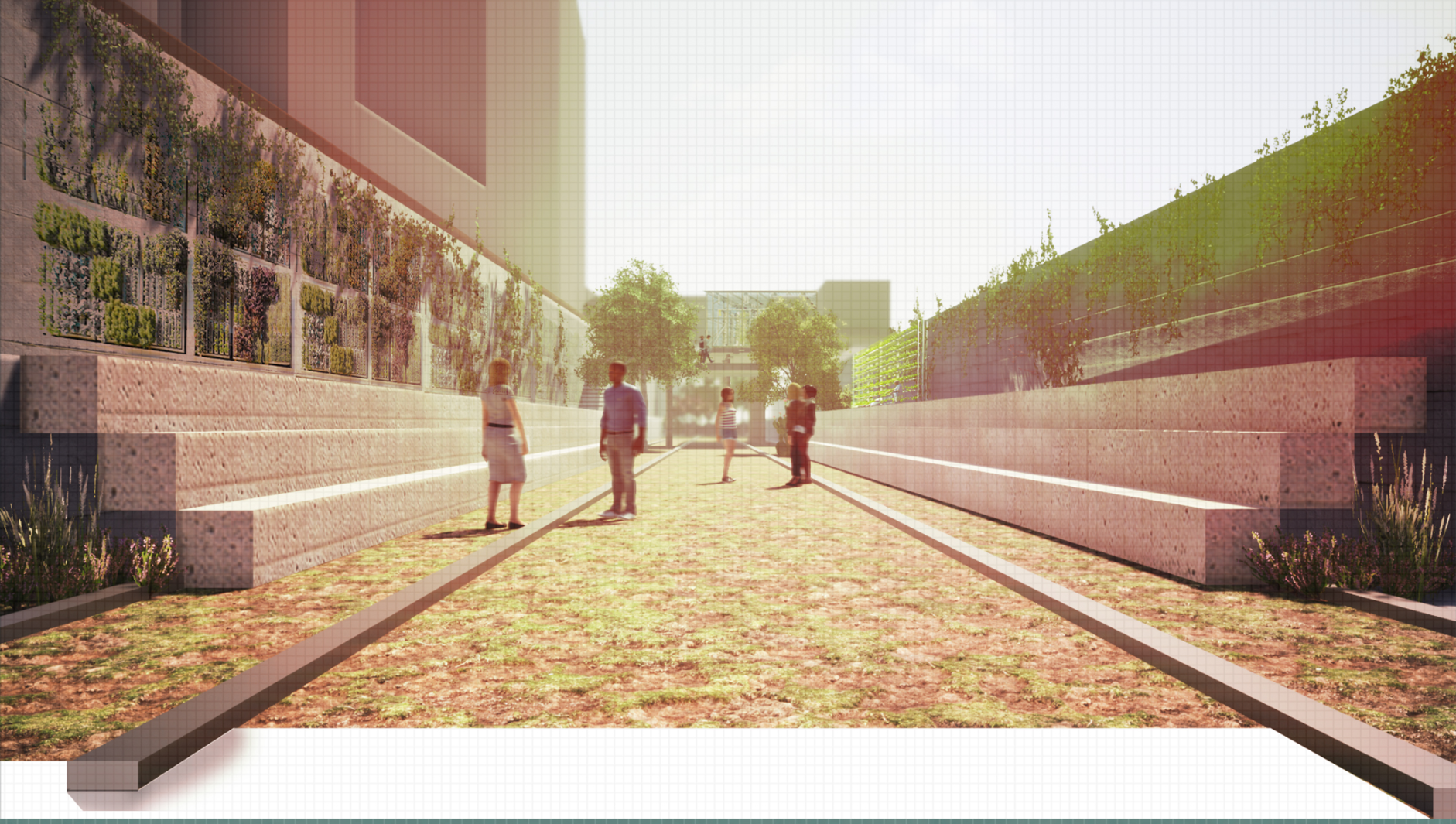 Sunlit linear corridor framed by terraced seating and vertical greenery, encouraging pause and movement.