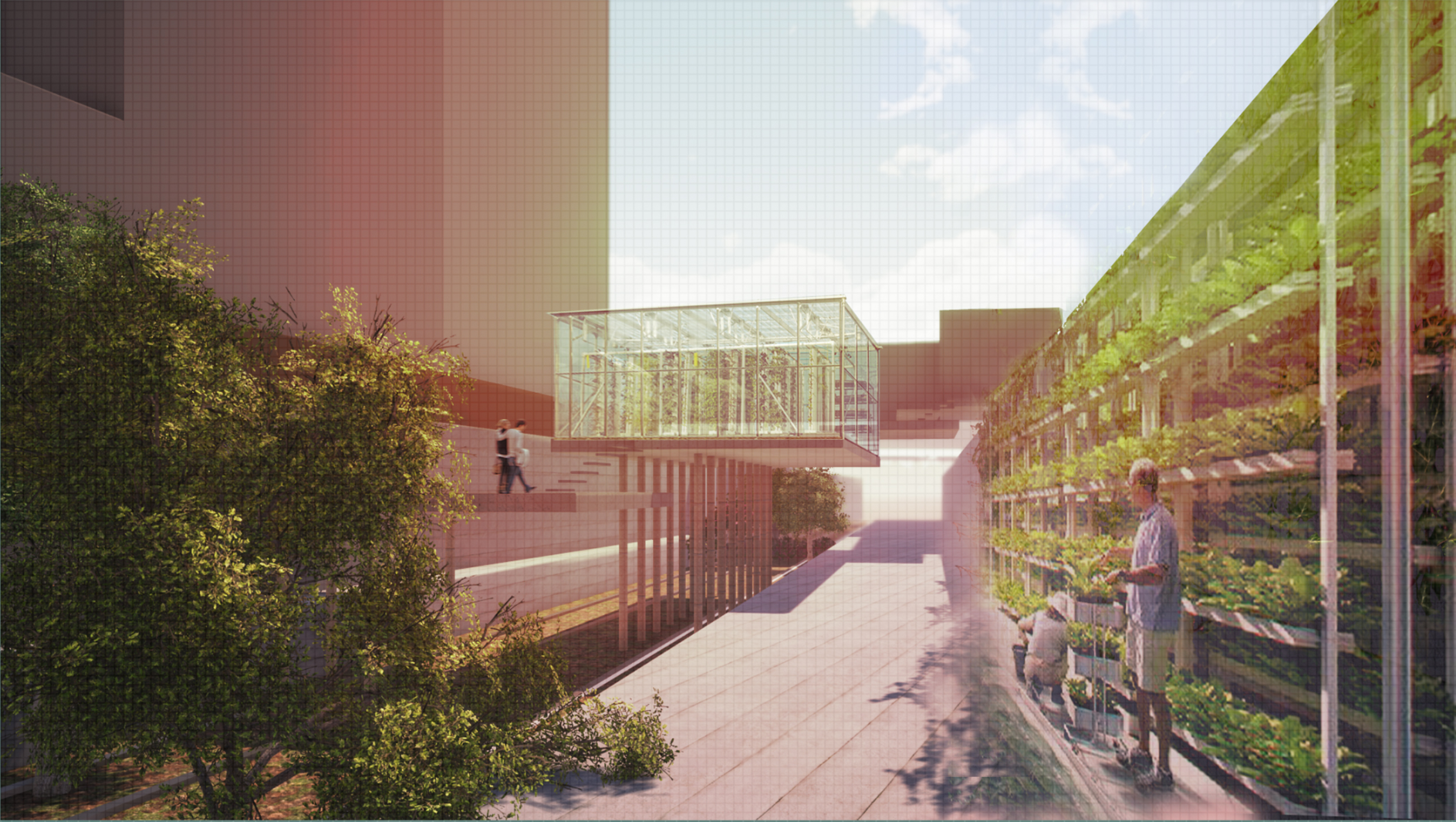 Elevated glasshouse structure integrates cultivation and circulation within a layered urban landscape.