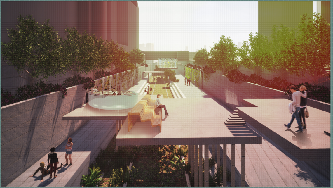 Multi-level platforms activate the section, creating social nodes across floating surfaces.
